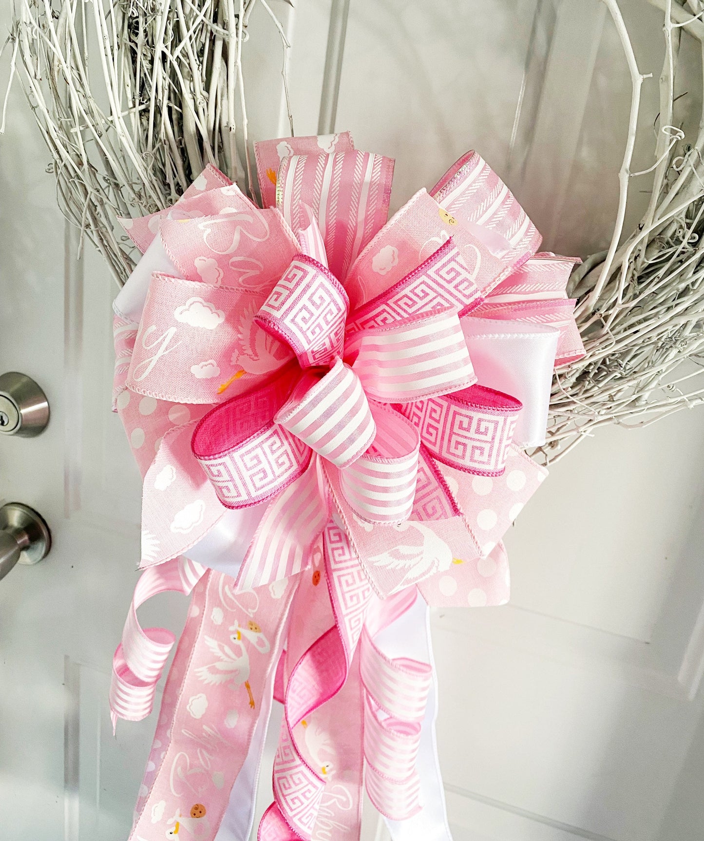 Baby Girl Bow in Pink and White, Featuring Polka Dots and Stork. Perfect for Mailbox, Door, and Wreath.