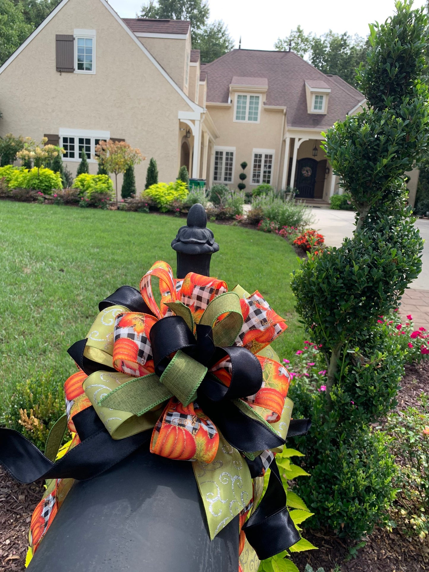 Fall Collection- Pumpkin Black/White Check Bow, Fall Bow, Fall Decor, Fall Ribbon, Mailbox Bow, Wreath Bow, Large Bow, Bow, Bows