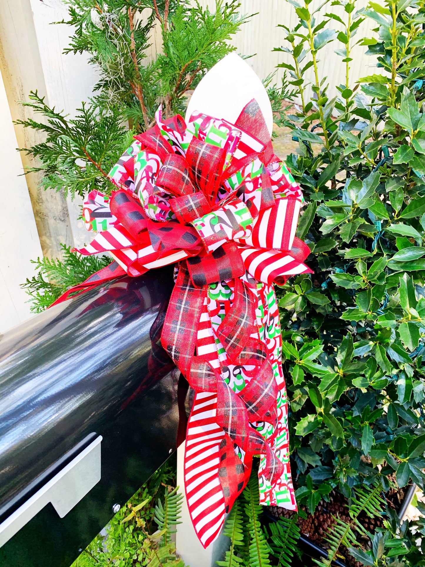 Christmas Countdown Bow Featuring Multipattern Ribbons. Perfect for Mailbox, Door, and Wreath.