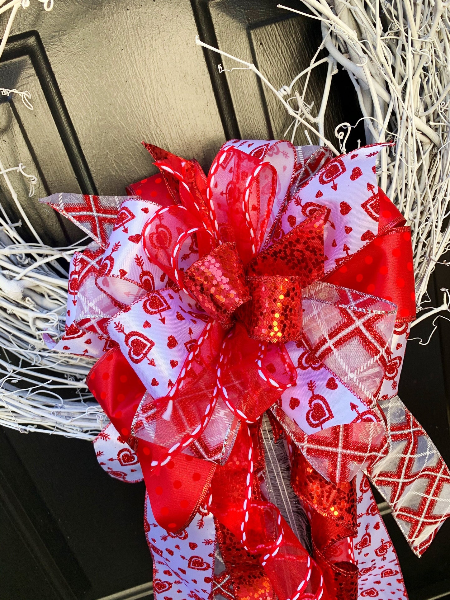 Valentines Collection- Glittered Hearts Bow, Valentines Bow, Valentines, Wreath Bow, Valentines Wreath Bow, Valentines Mailbox bow,Large Bow