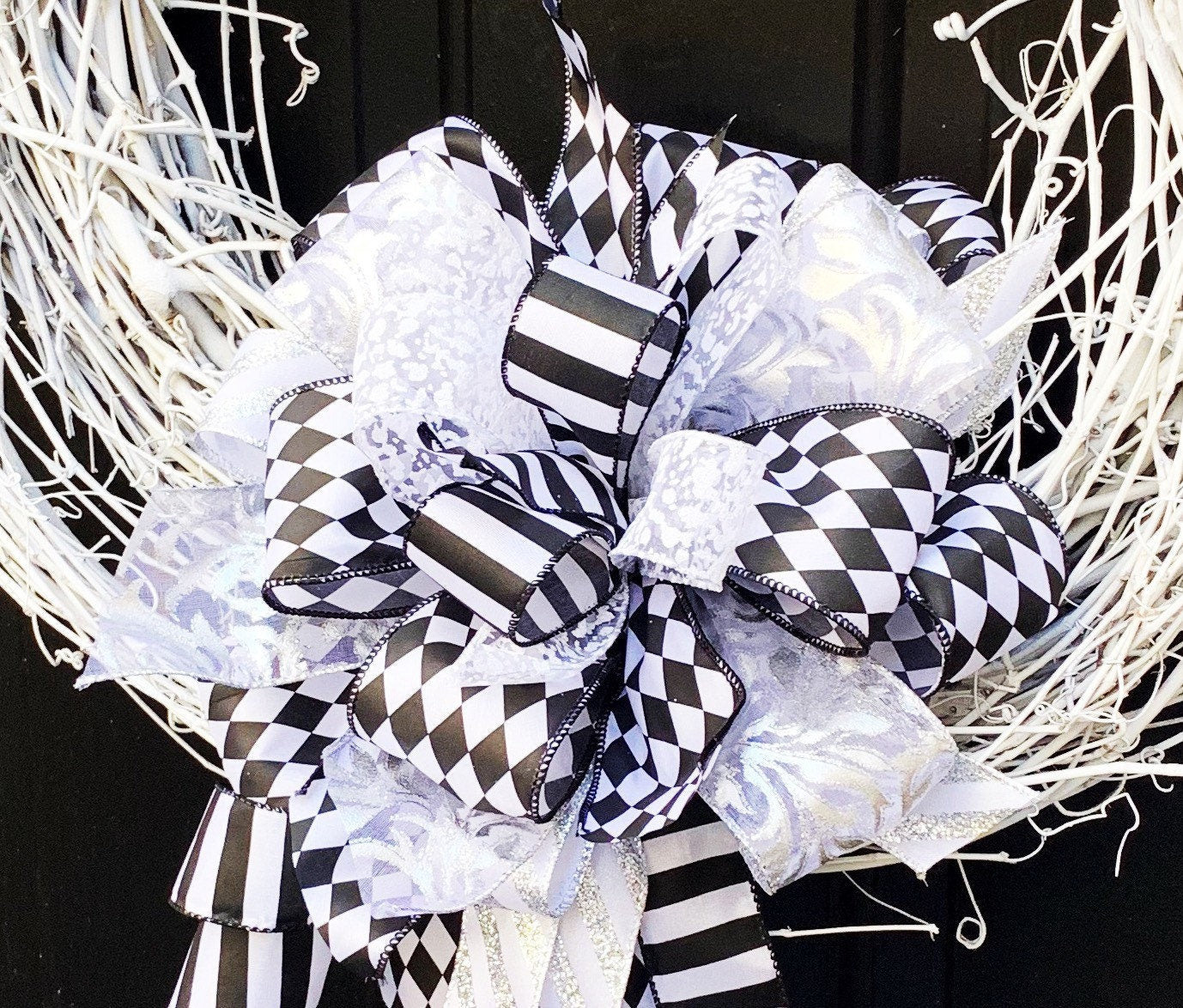 Everyday Collection- Black/White Modern Bow, Argyle Bow, Black Bow, White Bow,Mailbox Bow,Wreath Bow,Large Bow,Black and White Bow, Gift Bow