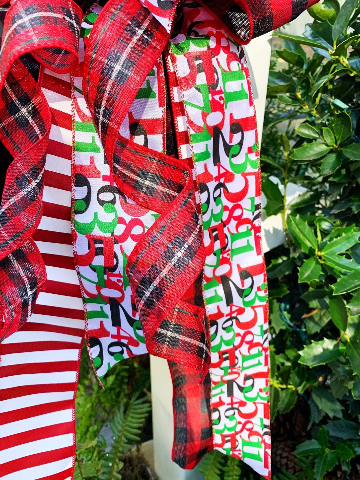 Christmas Countdown Bow Featuring Multipattern Ribbons. Perfect for Mailbox, Door, and Wreath.
