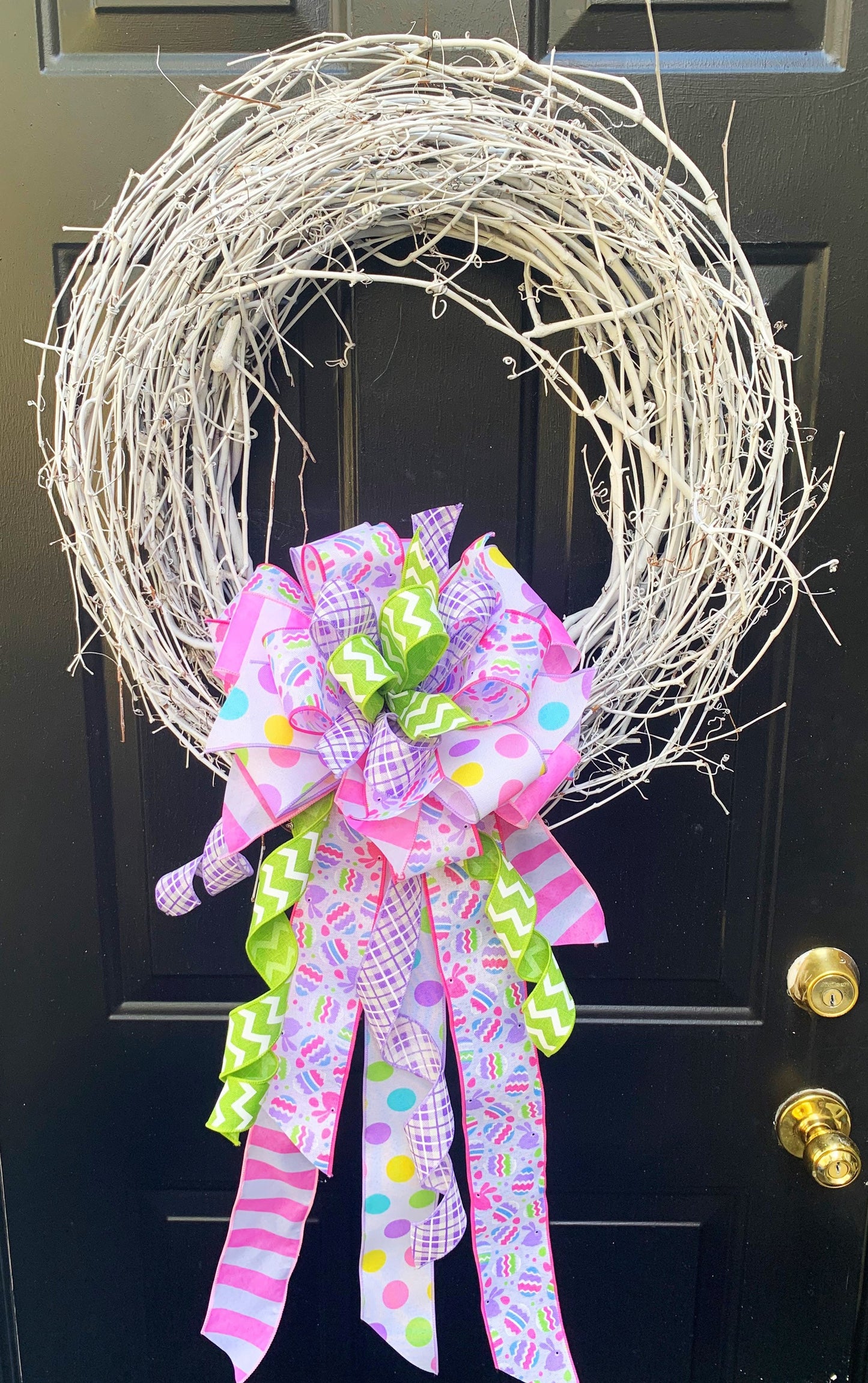 Easter Bow in Lilac, Green, and Pink Featuring Multipattern and Easter Egg Ribbon. Perfect for Mailbox, Door, and Wreath.