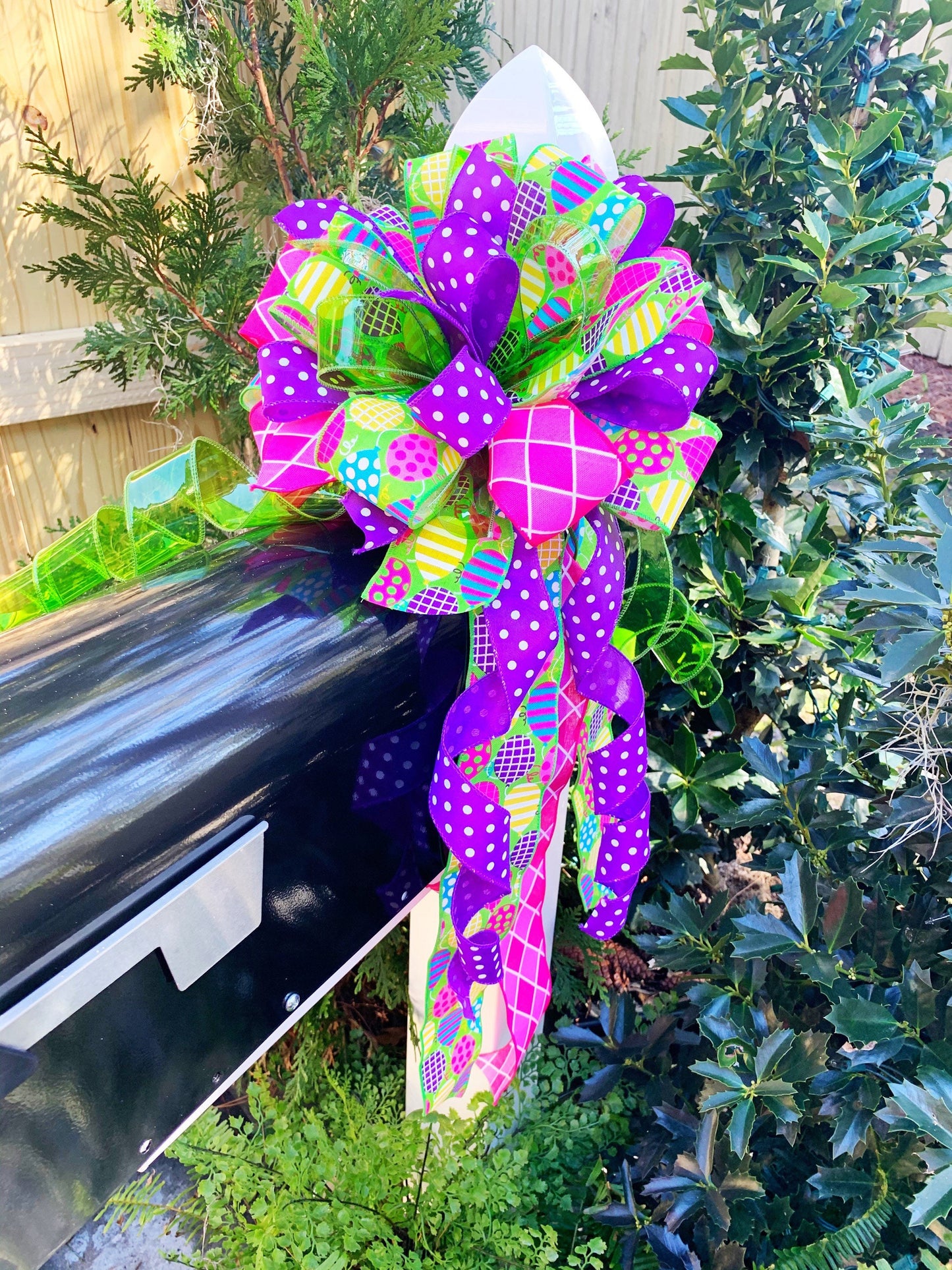 Birthday Bow with Vibrant Multicolor, Featuring Purple Polka Dot Ribbon. Perfect for Mailbox, Door, and Wreath.