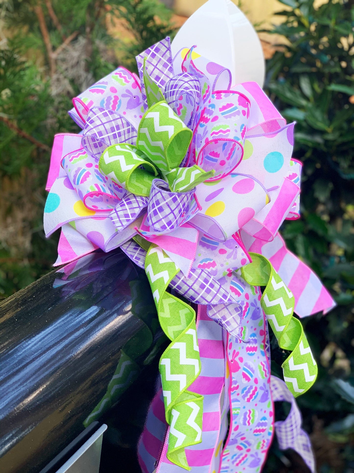Easter Bow in Lilac, Green, and Pink Featuring Multipattern and Easter Egg Ribbon. Perfect for Mailbox, Door, and Wreath.