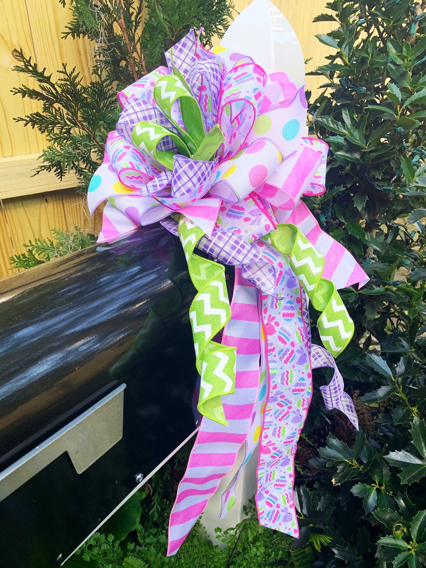 Easter Bow in Lilac, Green, and Pink Featuring Multipattern and Easter Egg Ribbon. Perfect for Mailbox, Door, and Wreath.