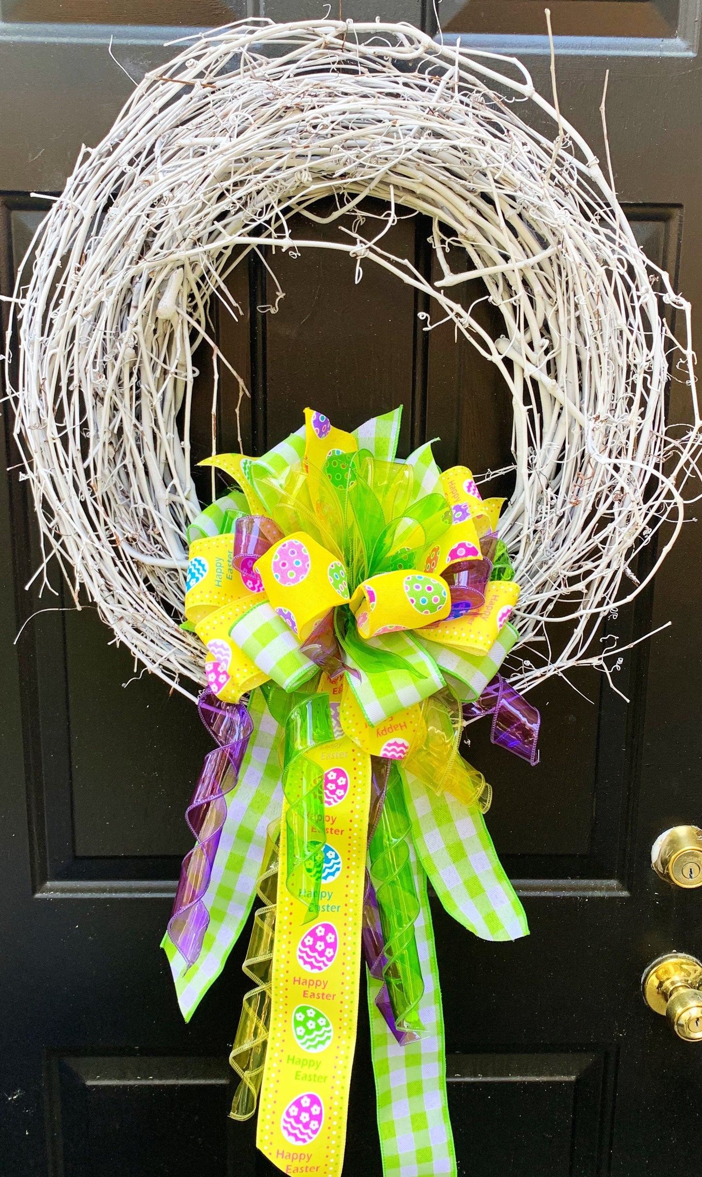 Easter Bow in Yellow and Light Green, Featuring Easter Eggs and Jelly Ribbon. Perfect for Mailbox, Door, and Wreath.