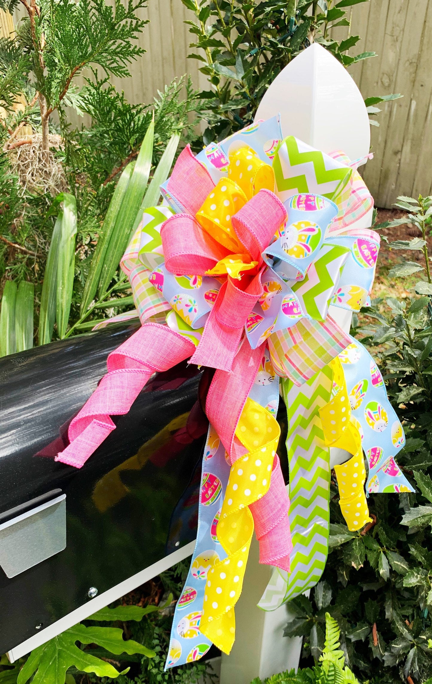 Easter Bow in Pastel Pink, Blue, and Green Featuring Easter Bunny & Egg Ribbon. Perfect for Mailbox, Door, and Wreath.