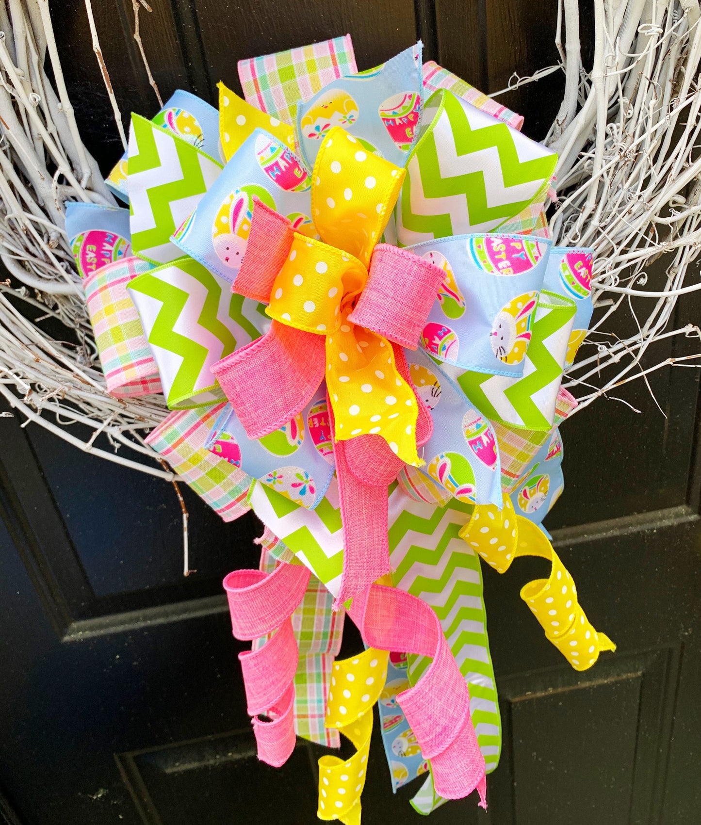 Easter Bow in Pastel Pink, Blue, and Green Featuring Easter Bunny & Egg Ribbon. Perfect for Mailbox, Door, and Wreath.