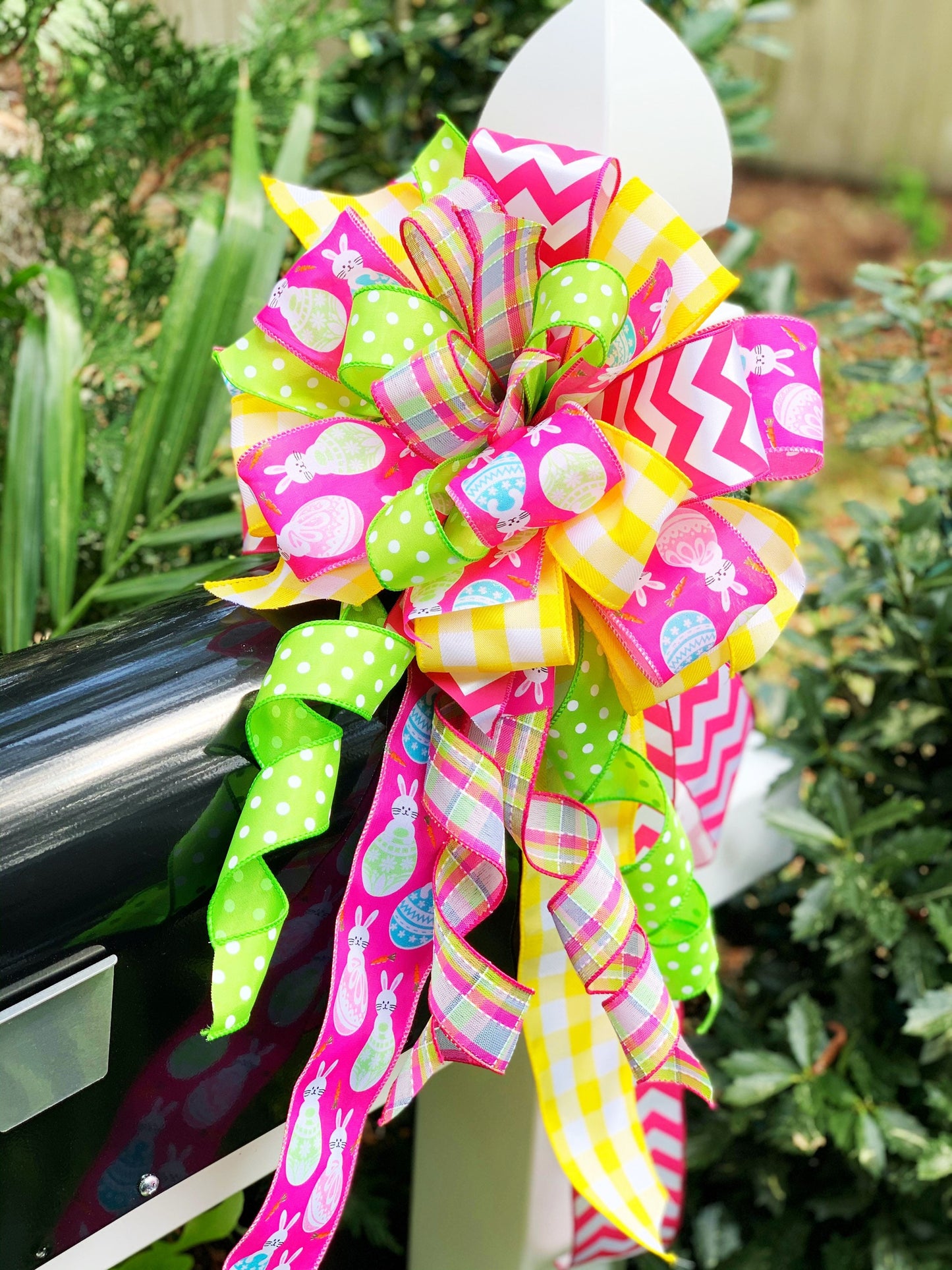Easter Bow in Light Yellow, Pink, and Green in Multipattern, Featuring Bunnies. Perfect for Mailbox, Door, and Wreath.