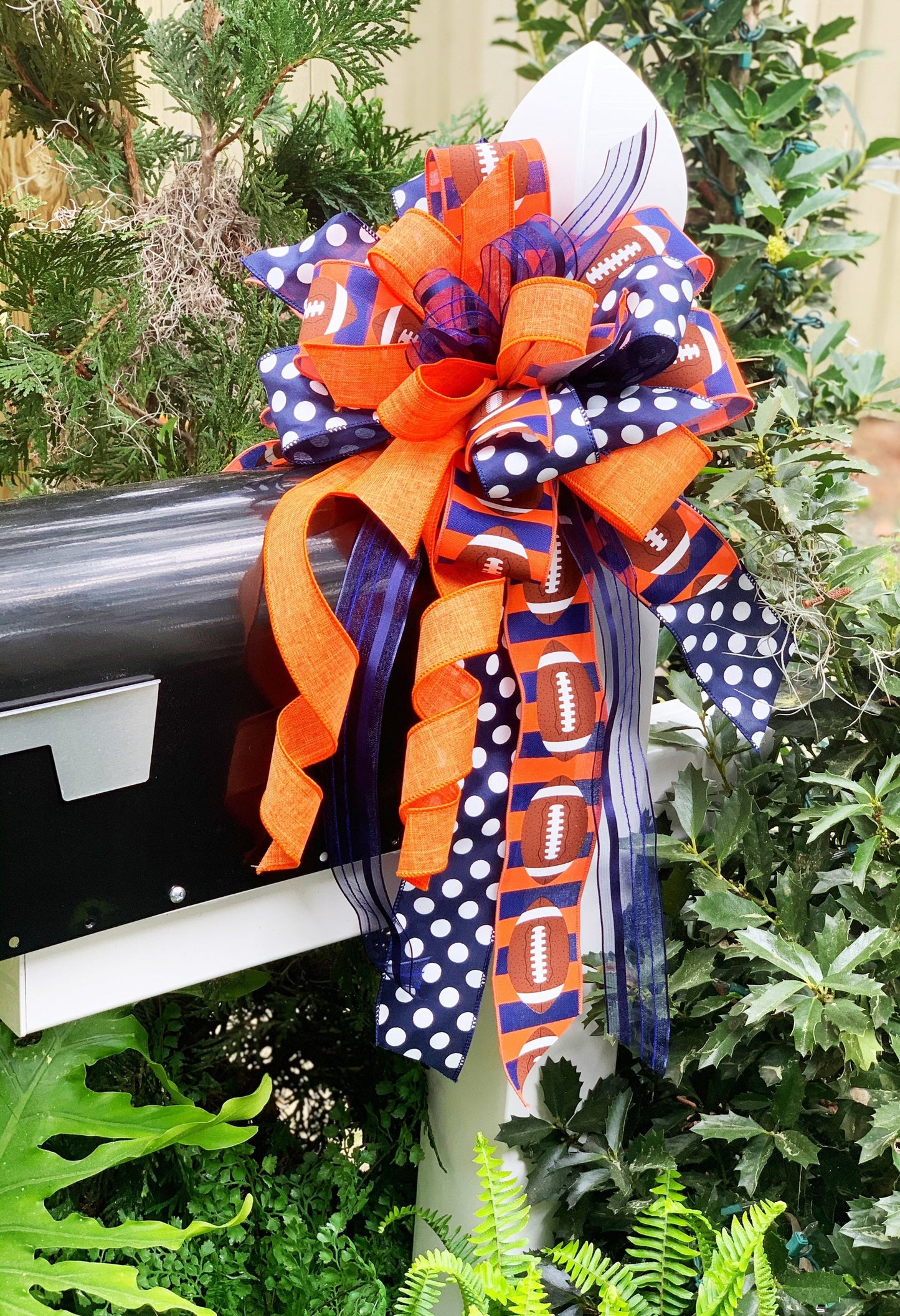 Sports Collection - Orange/Blue Bow, Orange Bow, Blue Bow, Team Bow, Bow, Mailbox Bow, Football Bow, Football, Football Decor, Wreath Bow