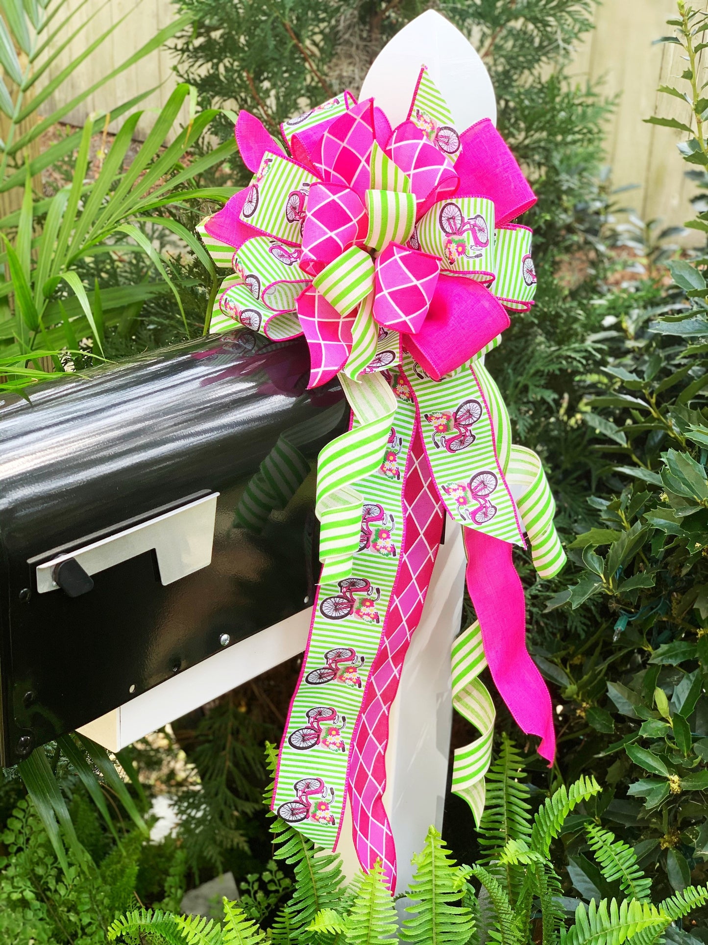 Summer Bow in Pink & Green Ribbon Featuring Bicycles! Perfect for Mailbox, Door, and Wreath.