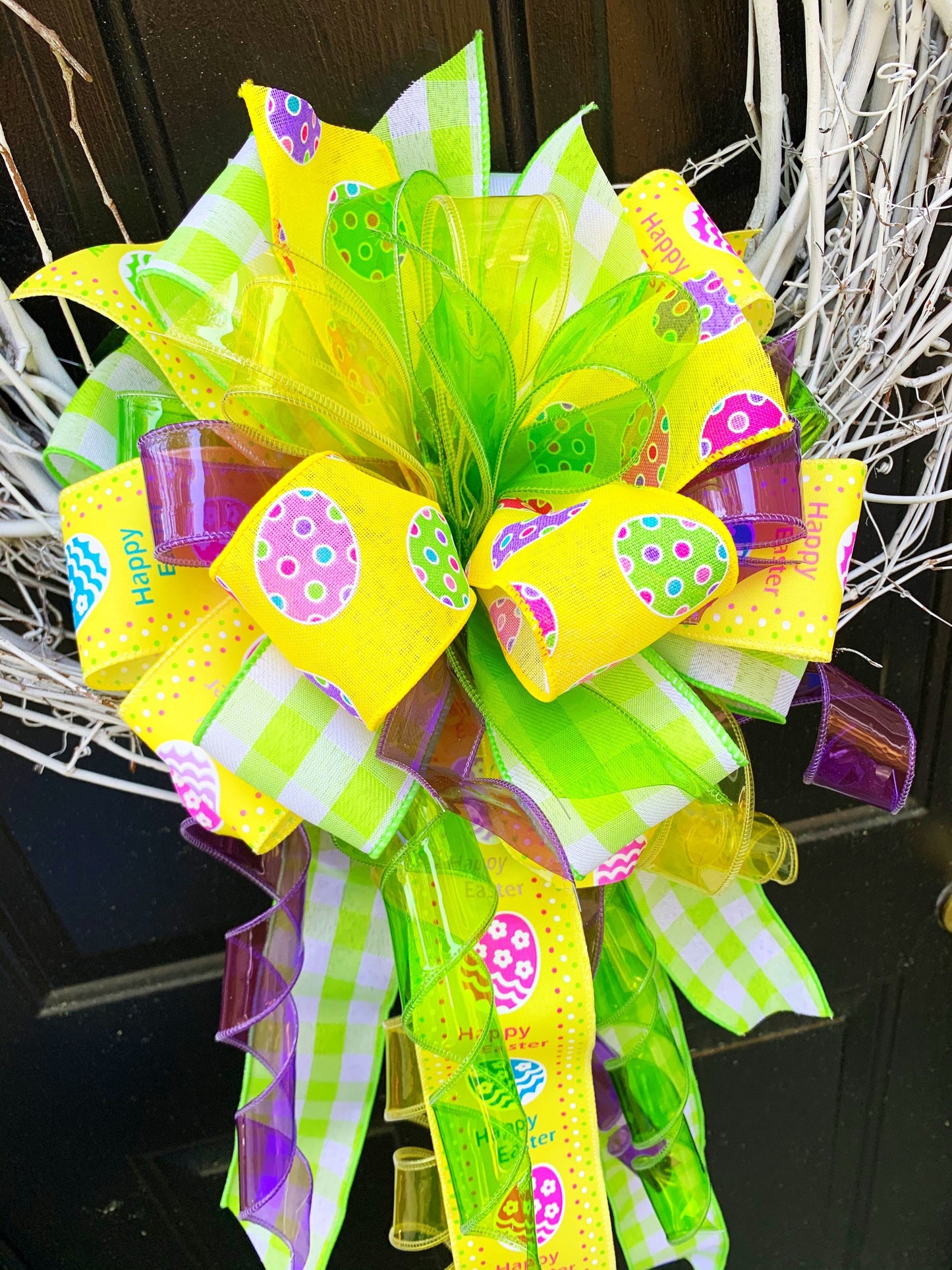 Easter Bow in Yellow and Light Green, Featuring Easter Eggs and Jelly Ribbon. Perfect for Mailbox, Door, and Wreath.