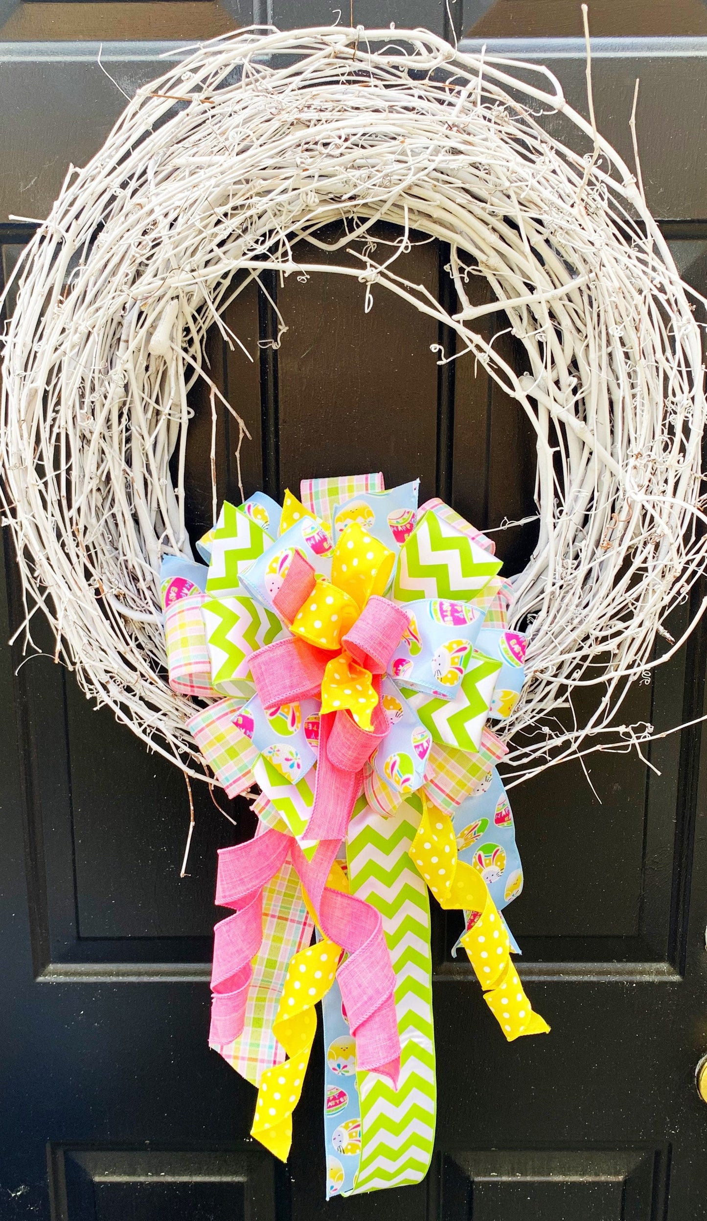 Easter Bow in Pastel Pink, Blue, and Green Featuring Easter Bunny & Egg Ribbon. Perfect for Mailbox, Door, and Wreath.