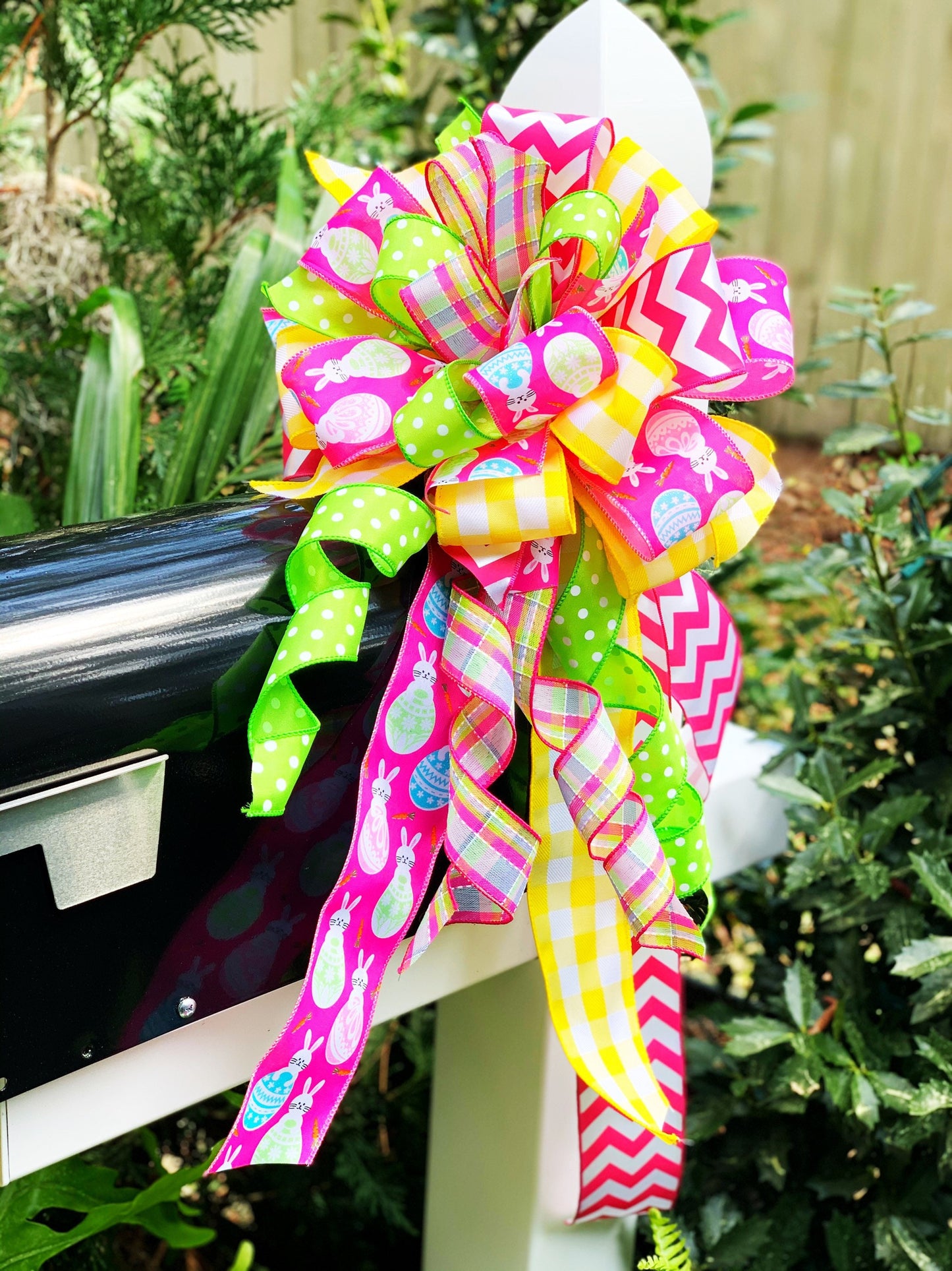 Easter Bow in Light Yellow, Pink, and Green in Multipattern, Featuring Bunnies. Perfect for Mailbox, Door, and Wreath.