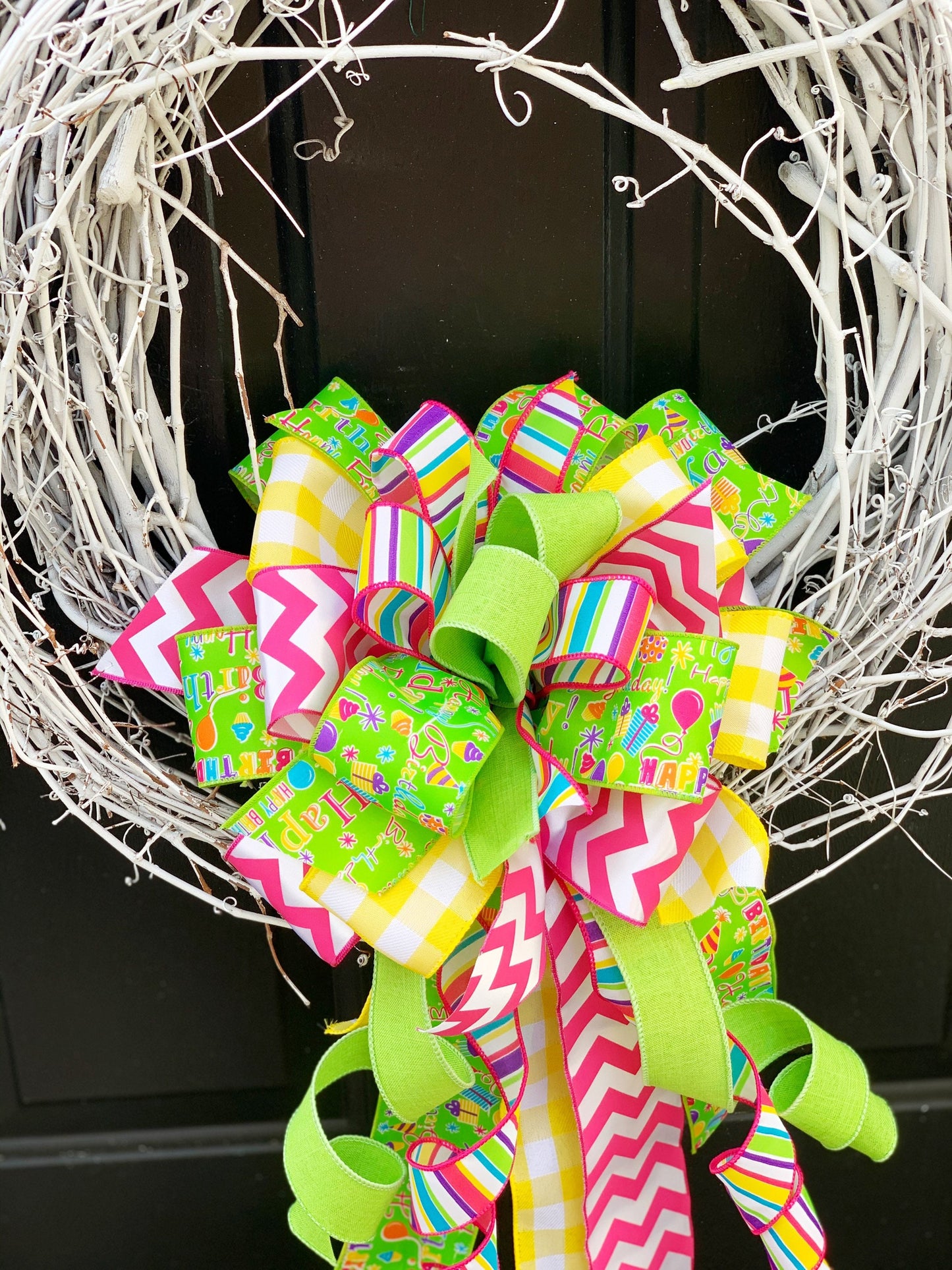 Birthday Bow in Multicolor Featuring Ribbon with Presents and Balloons. Perfect for Mailbox, Door, and Wreath.