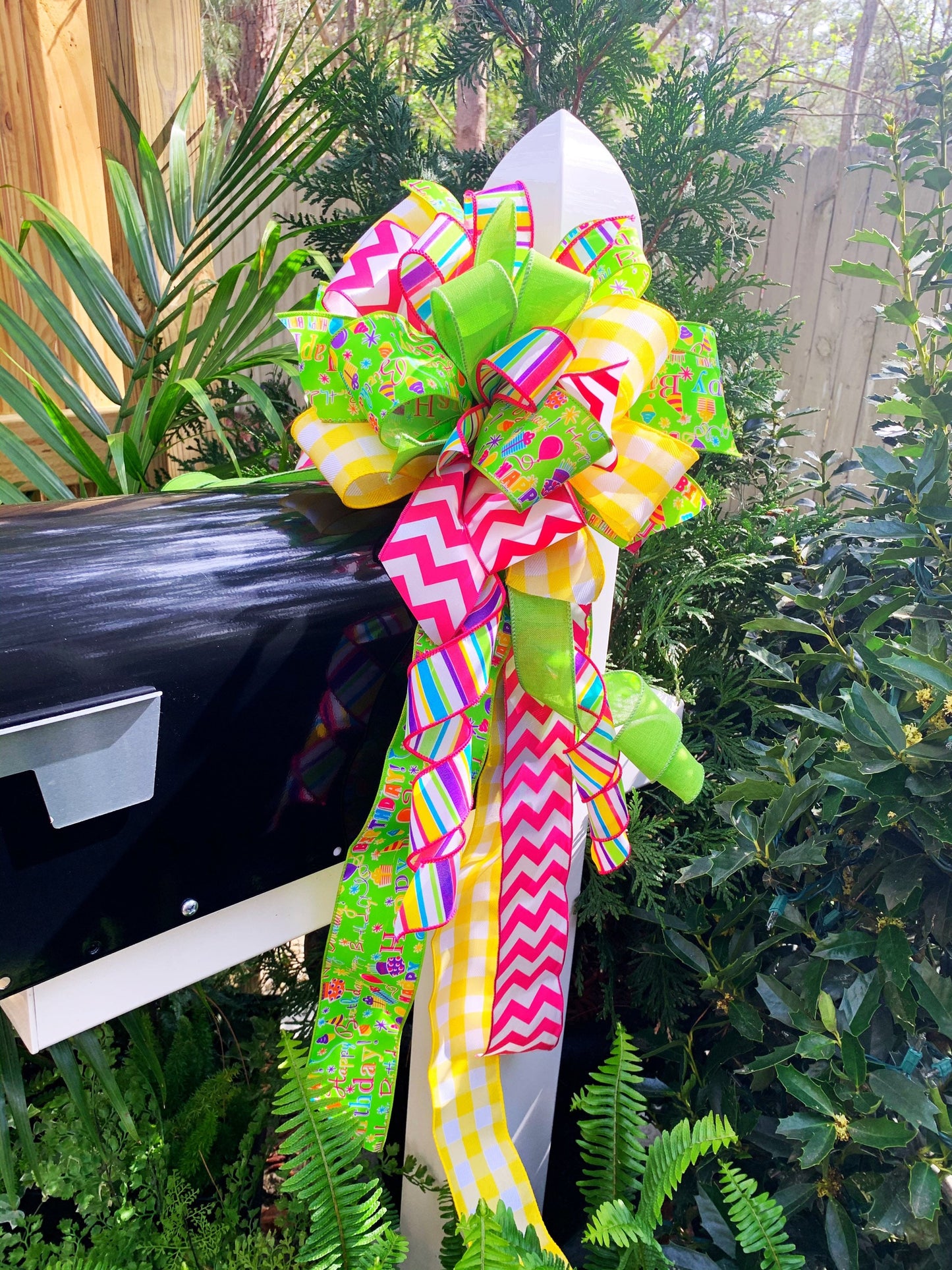 Birthday Bow in Multicolor Featuring Ribbon with Presents and Balloons. Perfect for Mailbox, Door, and Wreath.