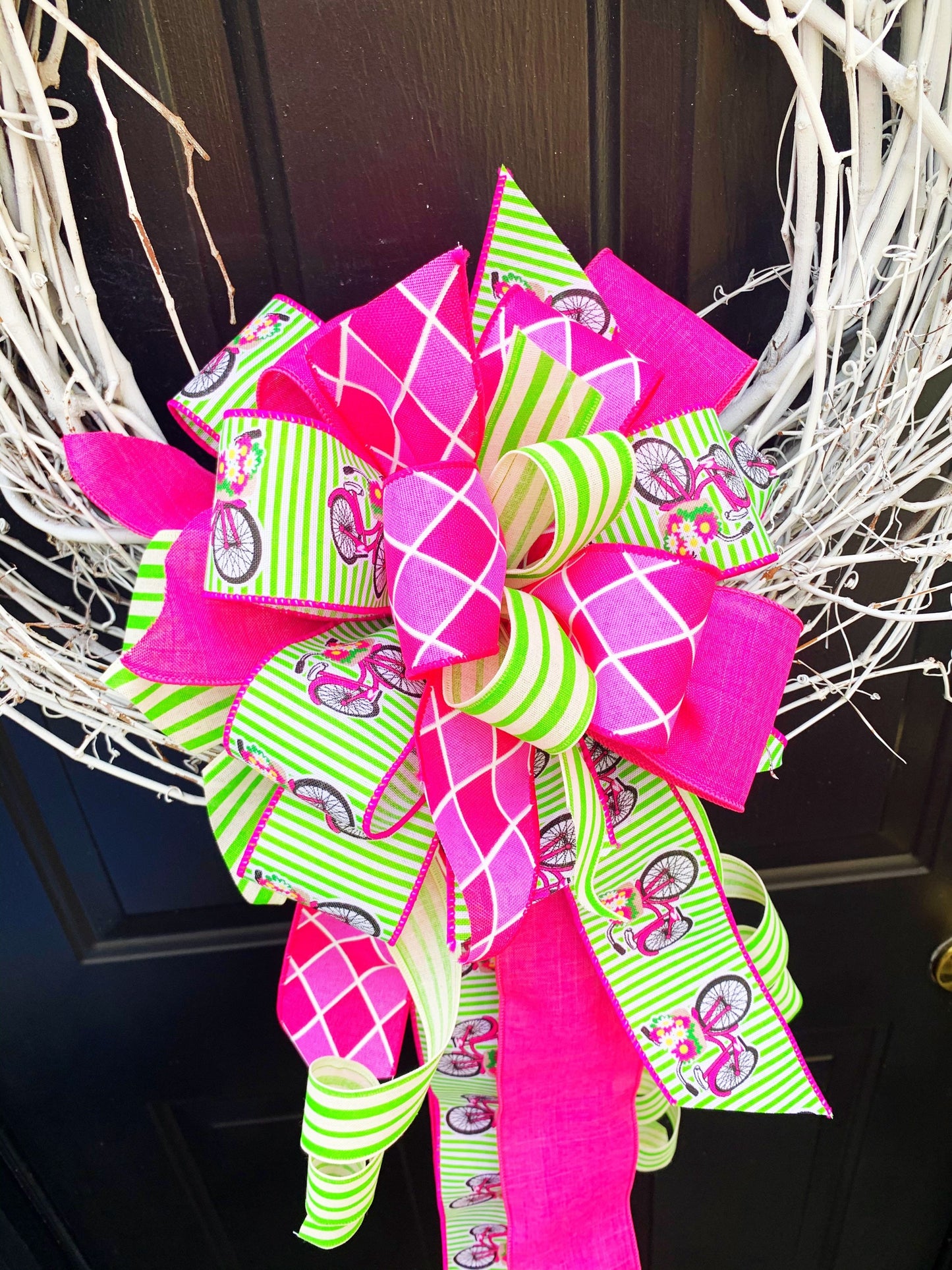 Summer Bow in Pink & Green Ribbon Featuring Bicycles! Perfect for Mailbox, Door, and Wreath.