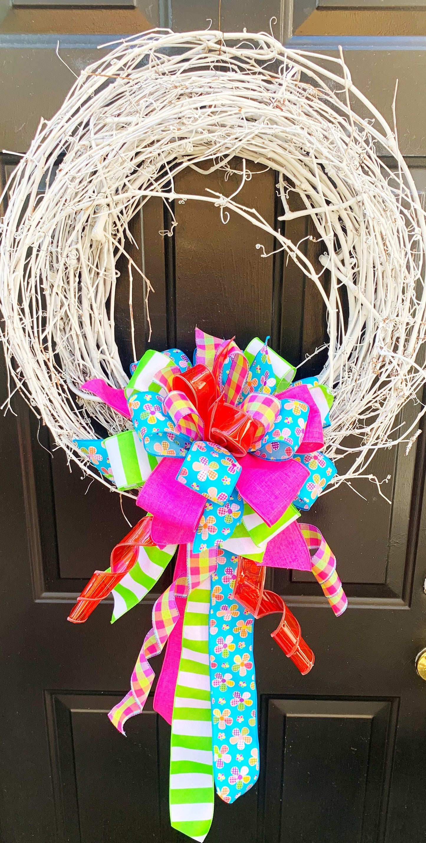 Summer Bow in Blue, Pink, Green, and Red Jelly Ribbon with Multiple Pattern Ribbon Featuring Flowers. Perfect for Mailbox, Door, and Wreath.