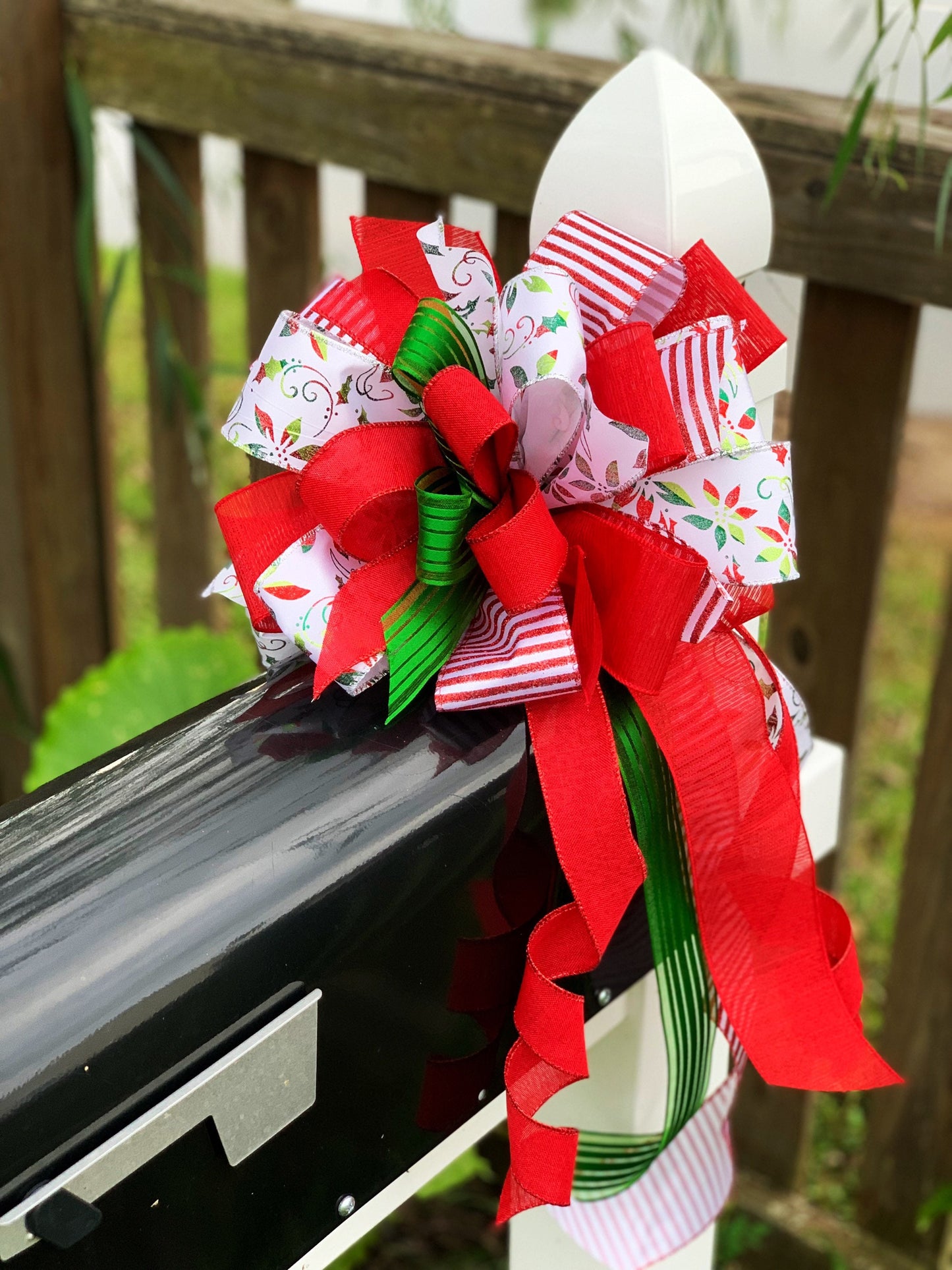 Christmas Bow in Red, White, and Green, Featuring Poinsettias. Perfect for Mailbox, Door, and Wreath.
