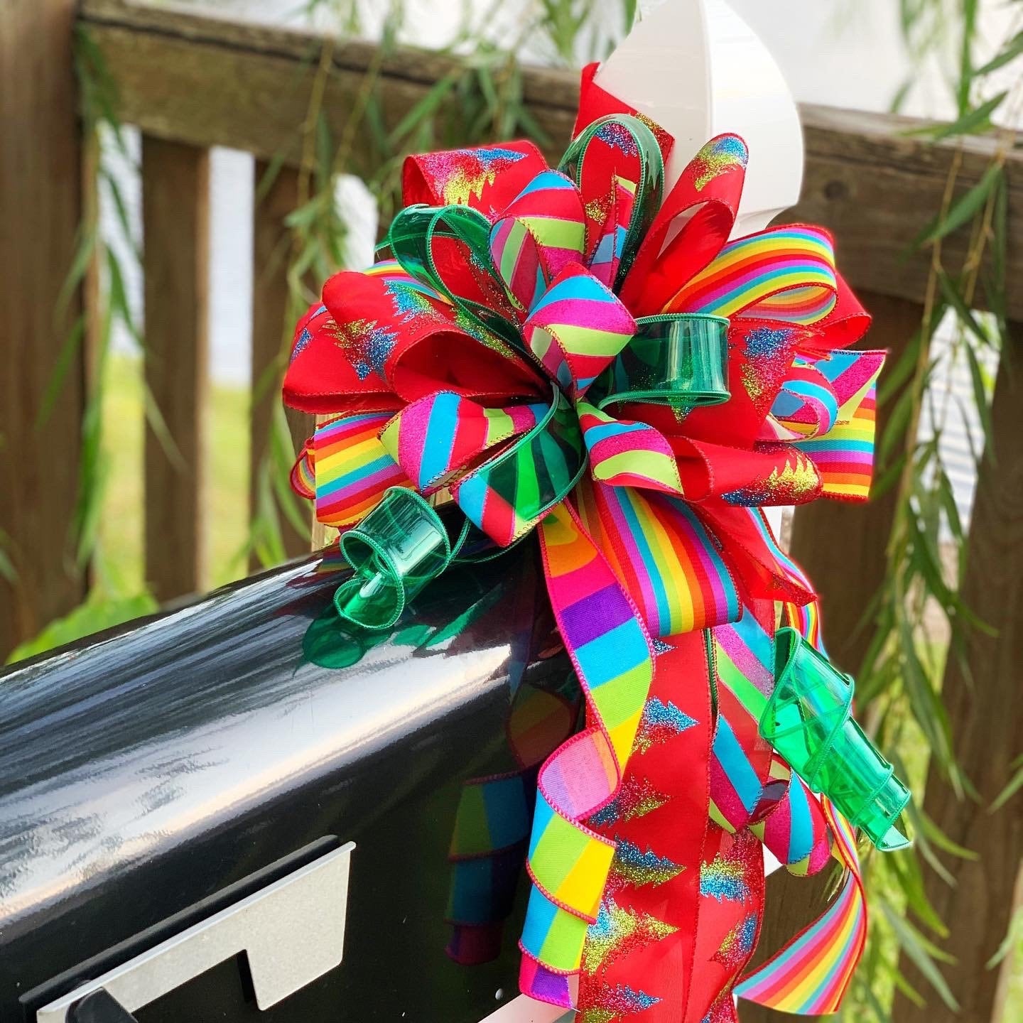 Christmas PRIDE Bow Featuring Multicolor and Pattern Ribbon. Perfect for Mailbox, Wreath, and Door.