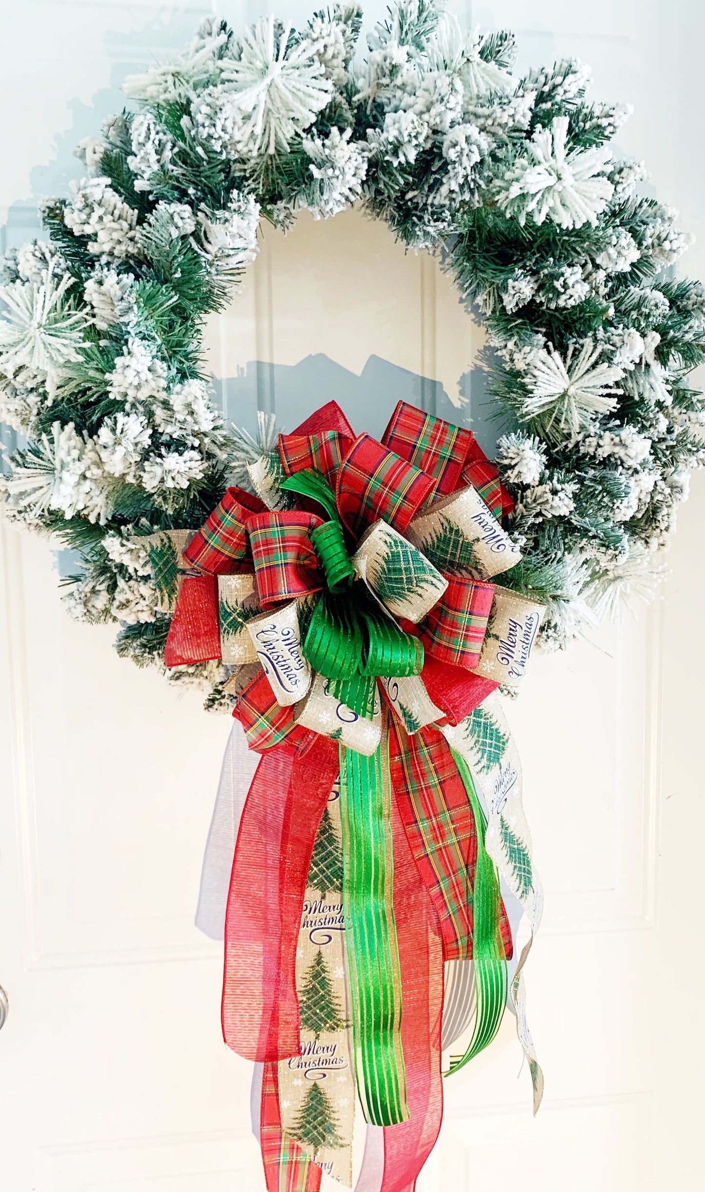 Christmas Bow in Green, Red, and Beige Featuring Christmas Tree with Merry Christmas Ribbon. Perfect for Mailbox, Door, and Wreath.