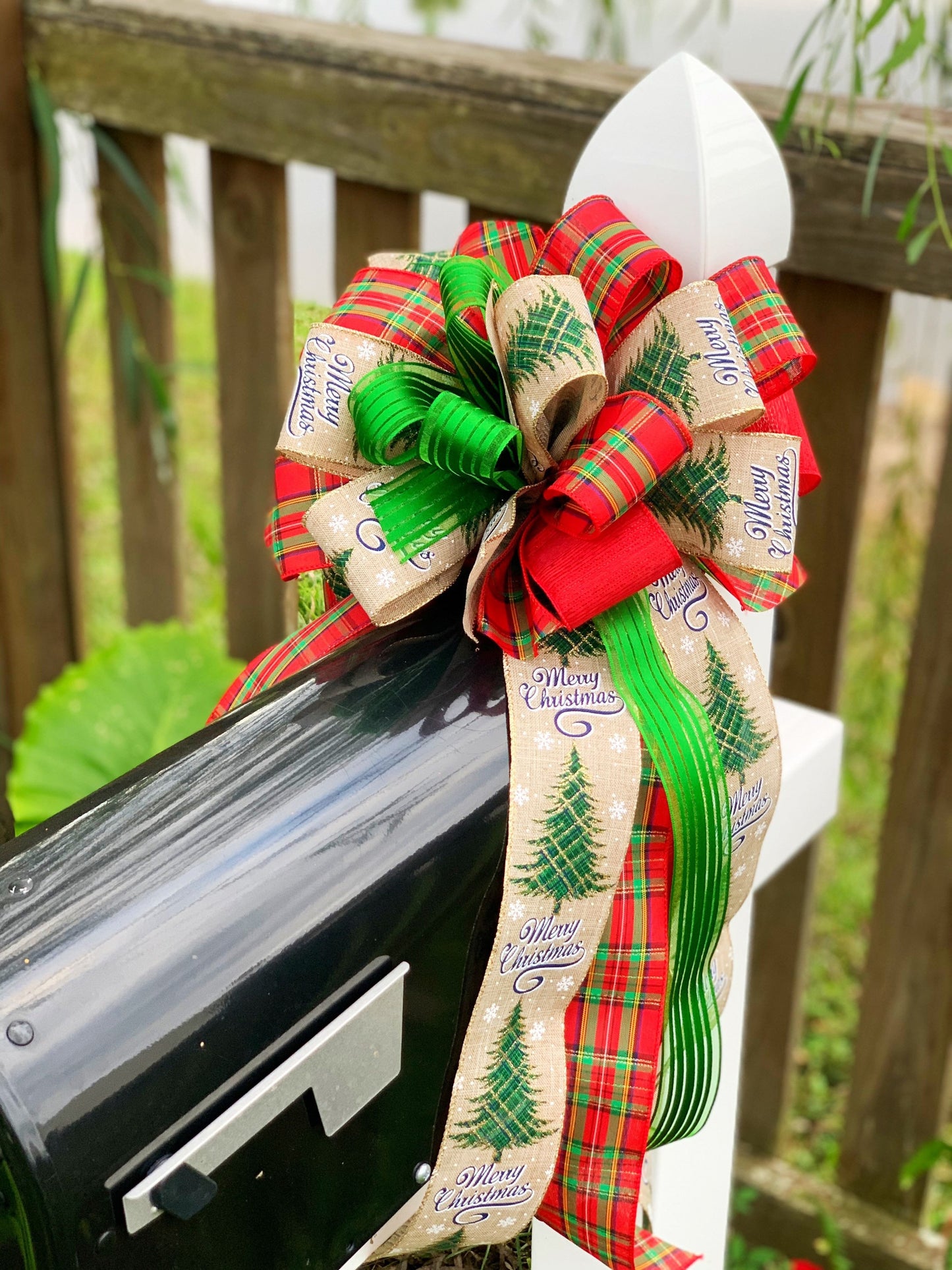 Christmas Bow in Green, Red, and Beige Featuring Christmas Tree with Merry Christmas Ribbon. Perfect for Mailbox, Door, and Wreath.