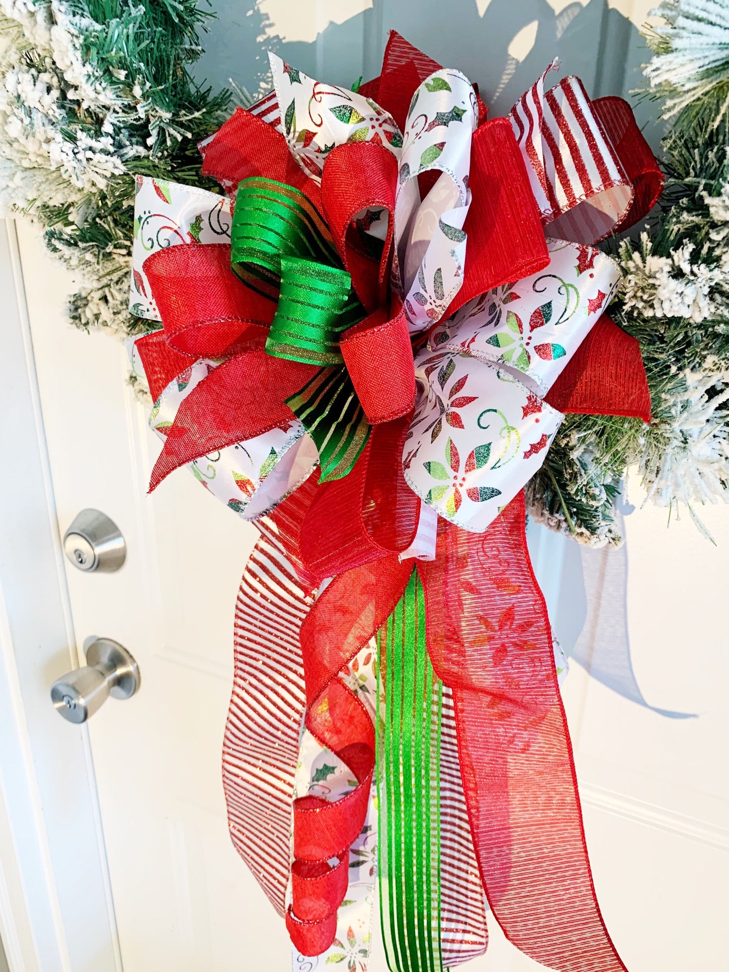 Christmas Bow in Red, White, and Green, Featuring Poinsettias. Perfect for Mailbox, Door, and Wreath.