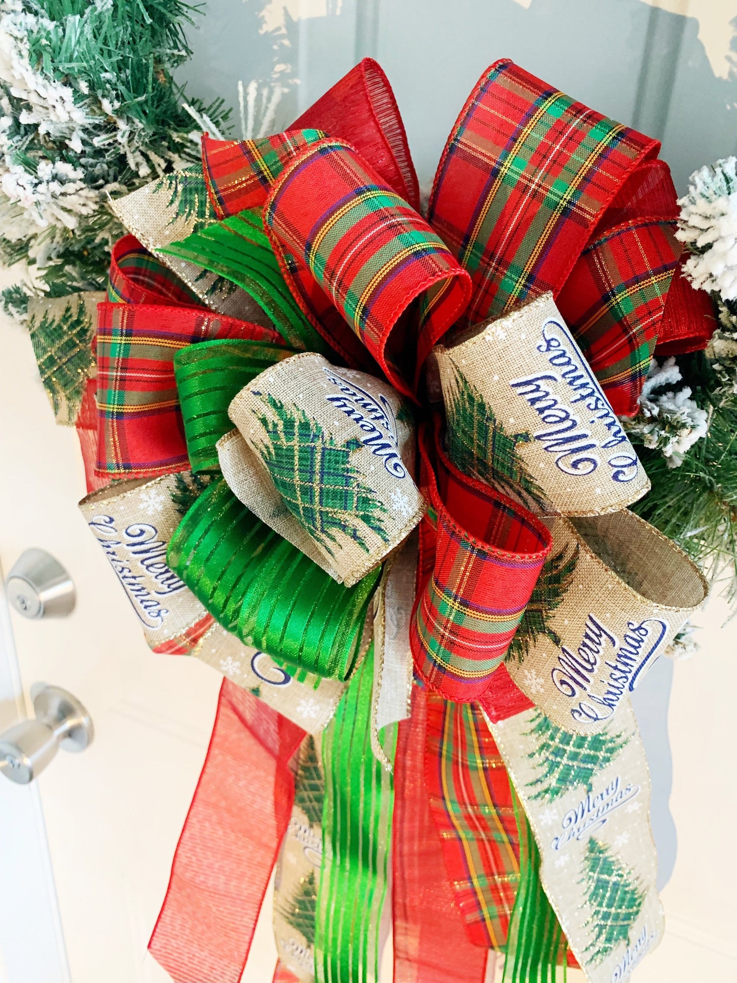 Christmas Bow in Green, Red, and Beige Featuring Christmas Tree with Merry Christmas Ribbon. Perfect for Mailbox, Door, and Wreath.