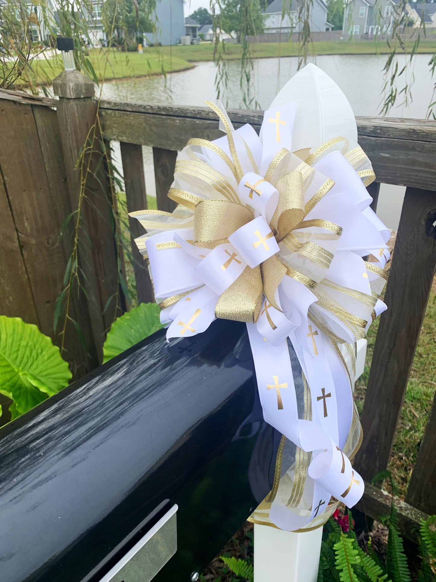 Sympathy Collection - Sympathy,Religious, Cross,Cross Bow,Religious Bow,Sympathy Bow,Gold Bow,White Bow,Gold Cross,Wreath Bow, Mailbox Bow