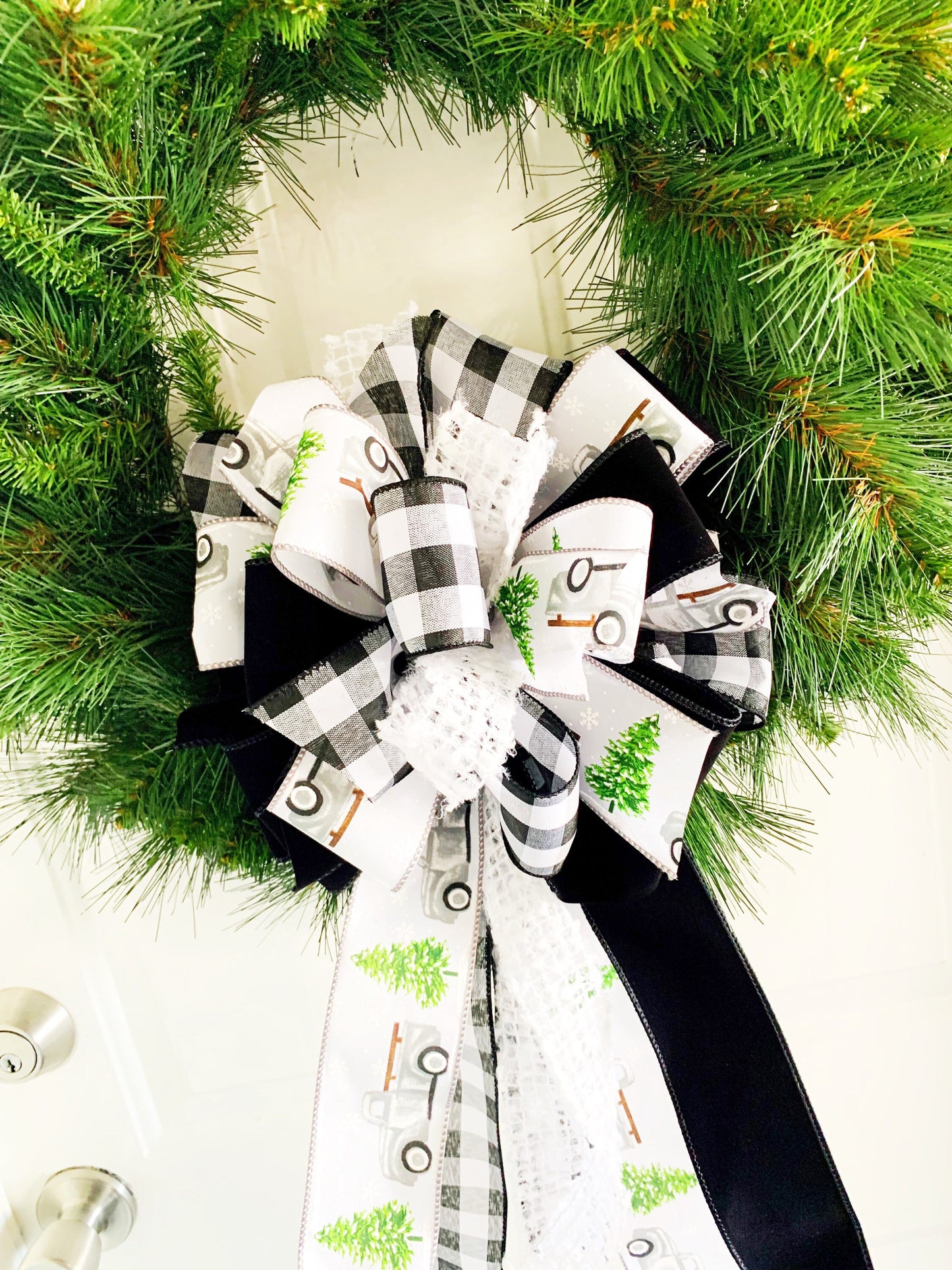 Christmas Bow in Black, Grey, and White, Featuring Trucks and Christmas Tree. Perfect for Mailbox, Door, and Wreath.