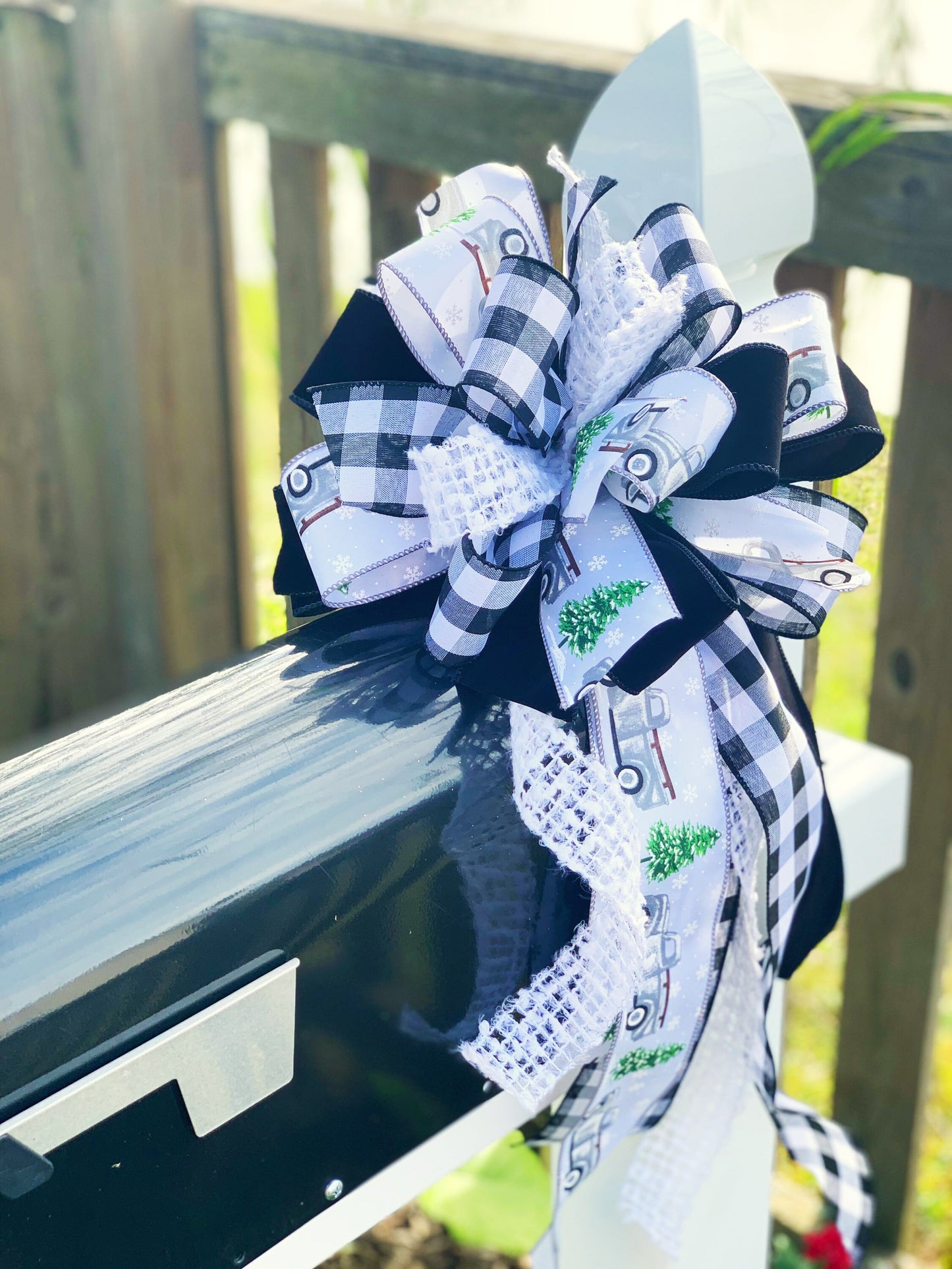 Christmas Bow in Black, Grey, and White, Featuring Trucks and Christmas Tree. Perfect for Mailbox, Door, and Wreath.