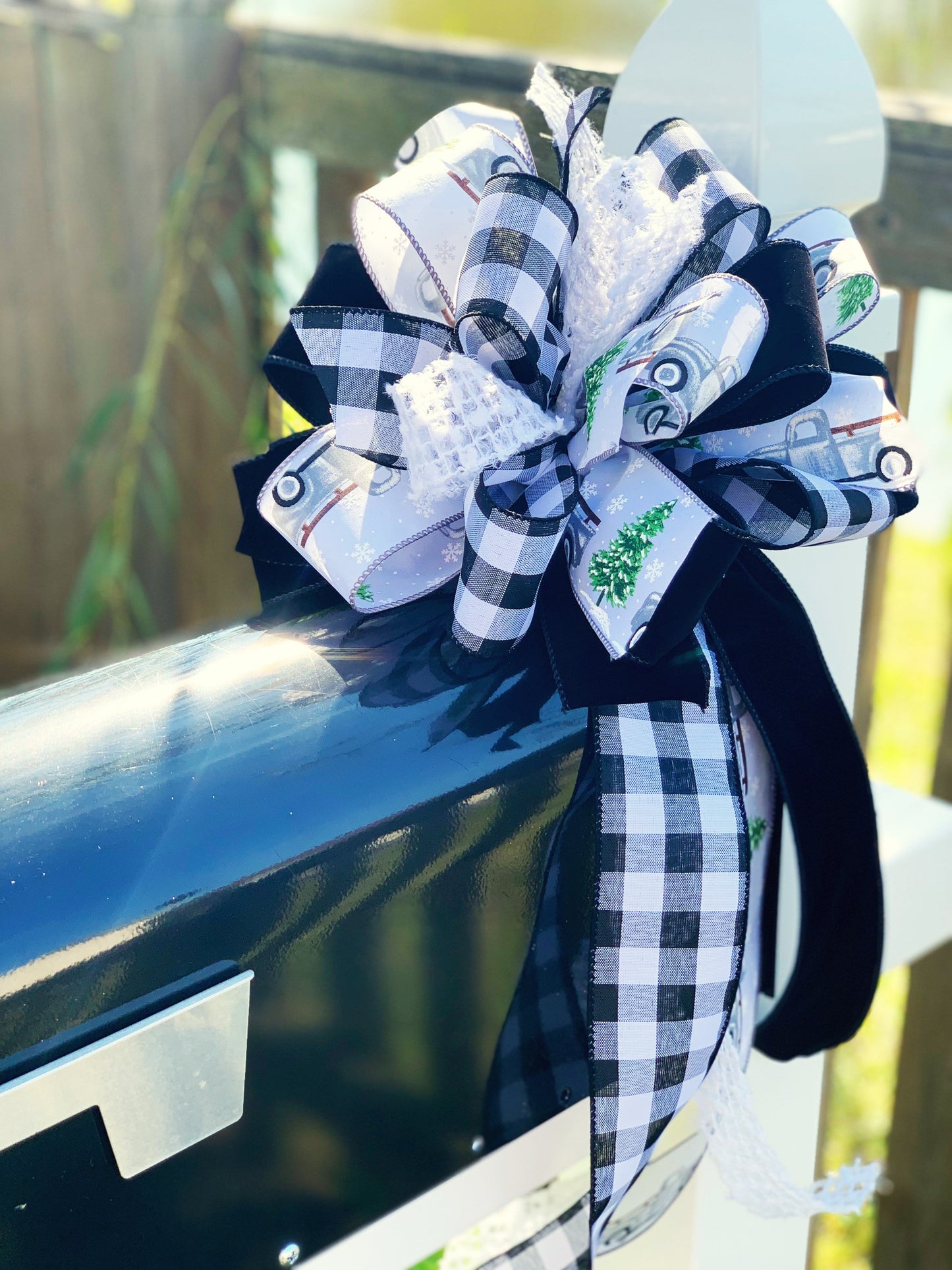 Christmas Bow in Black, Grey, and White, Featuring Trucks and Christmas Tree. Perfect for Mailbox, Door, and Wreath.