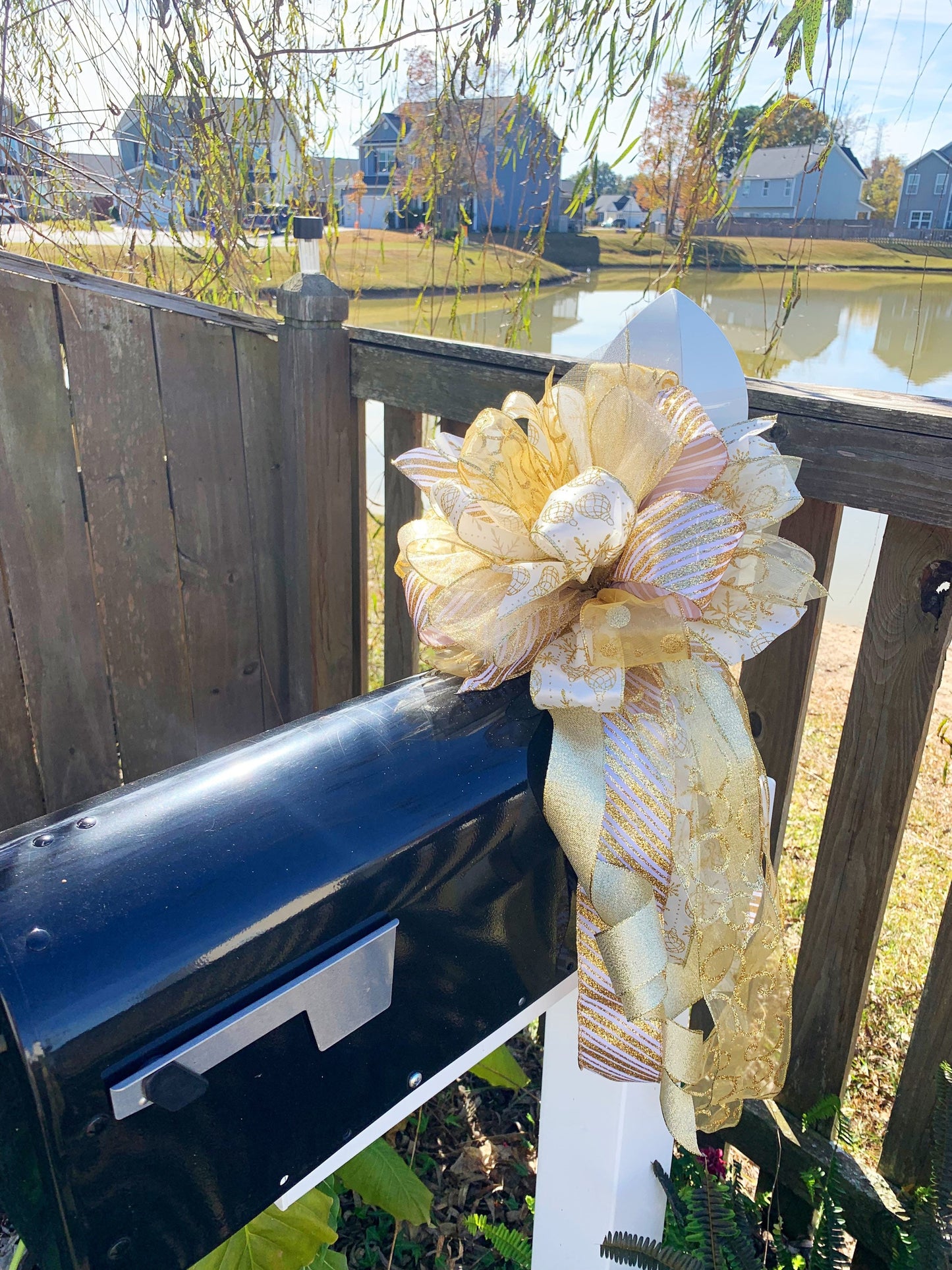 Christmas Bow in Cream and Gold, Featuring Gold Ornaments. Perfect for Mailbox, Door, and Wreath.