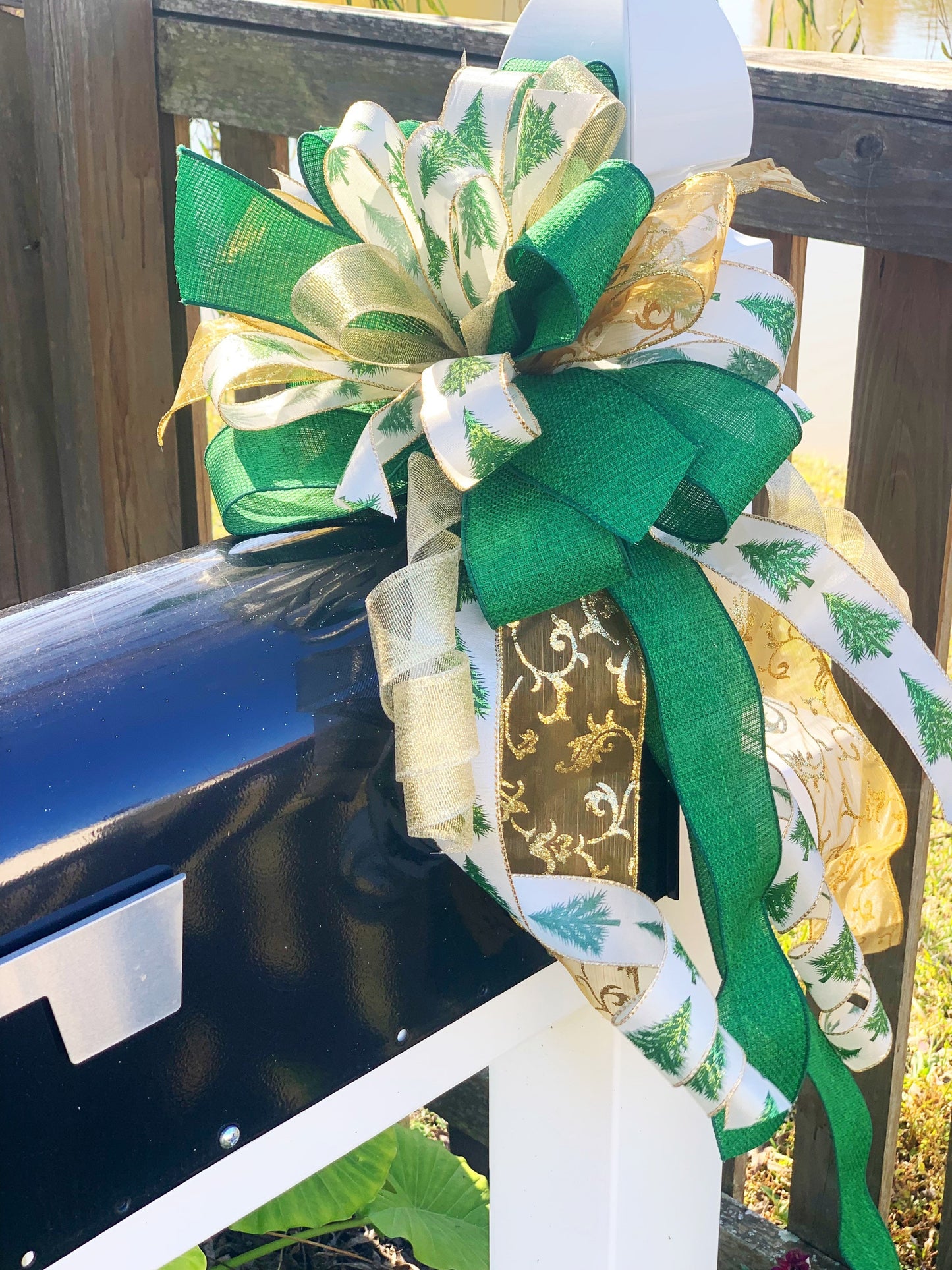 Christmas Bow in Green and Gold, Featuring Christmas Tree Ribbon. Perfect for Mailbox, Door, and Wreath.