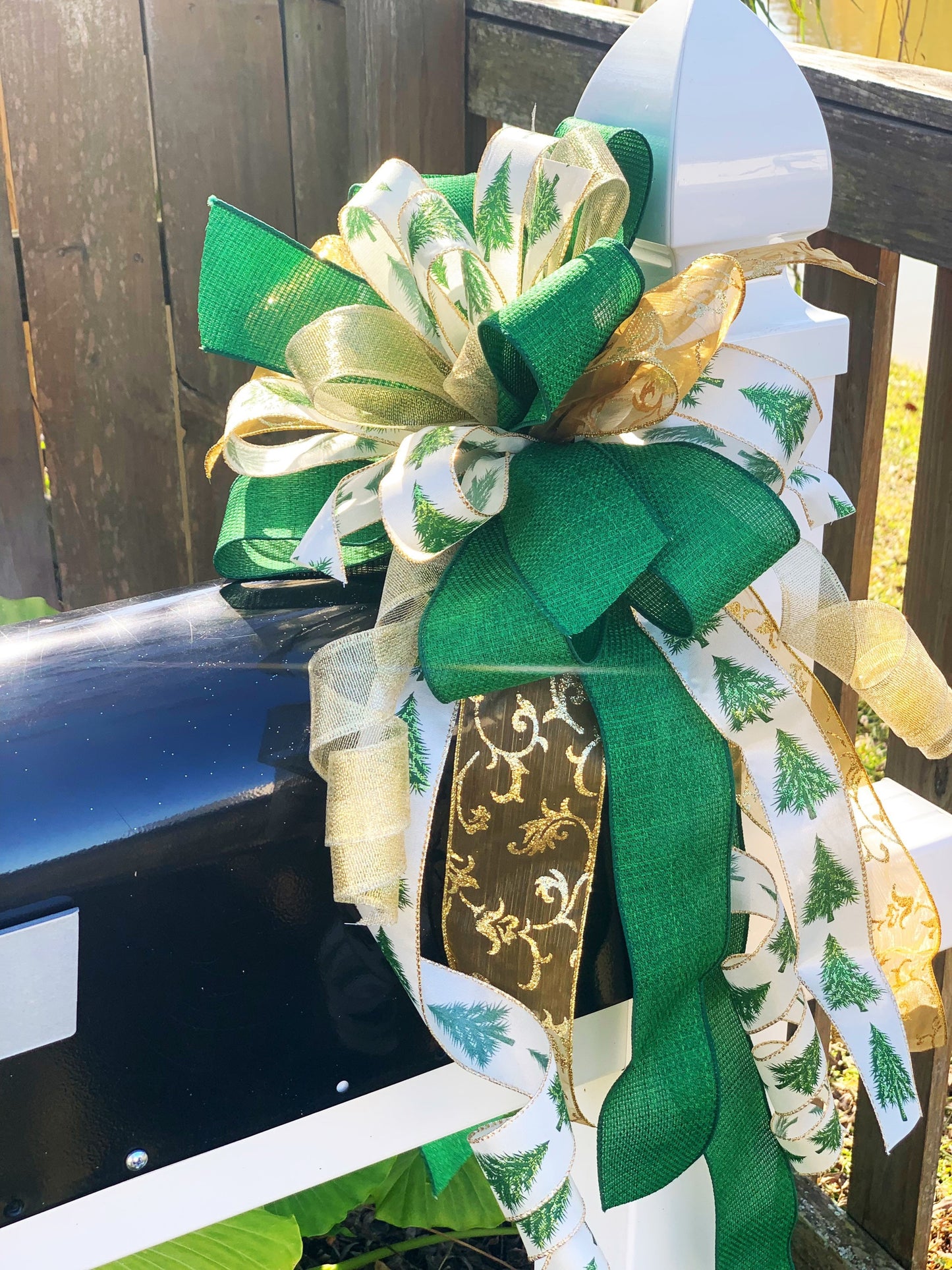 Christmas Bow in Green and Gold, Featuring Christmas Tree Ribbon. Perfect for Mailbox, Door, and Wreath.