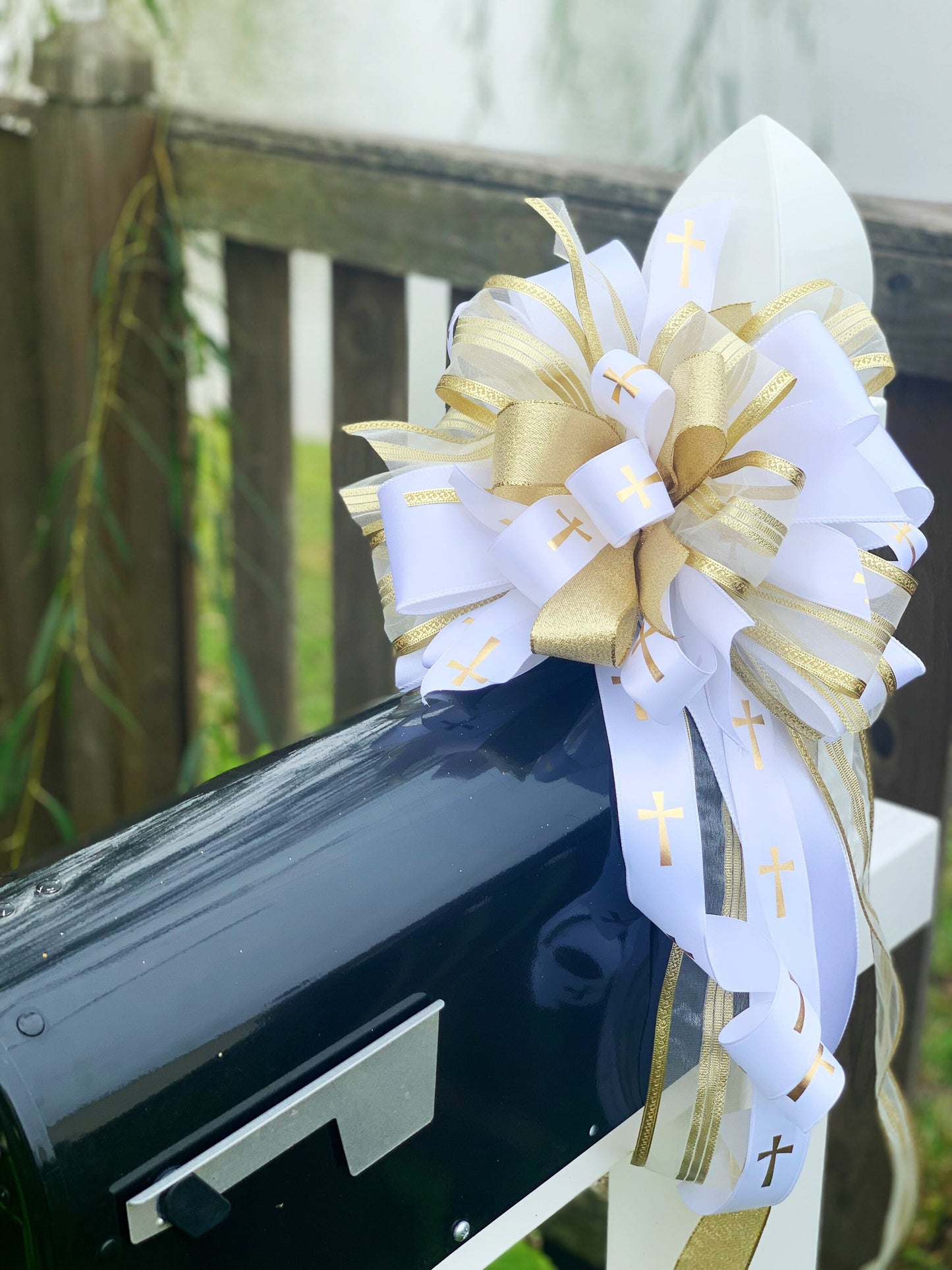 Sympathy Collection - Sympathy,Religious, Cross,Cross Bow,Religious Bow,Sympathy Bow,Gold Bow,White Bow,Gold Cross,Wreath Bow, Mailbox Bow