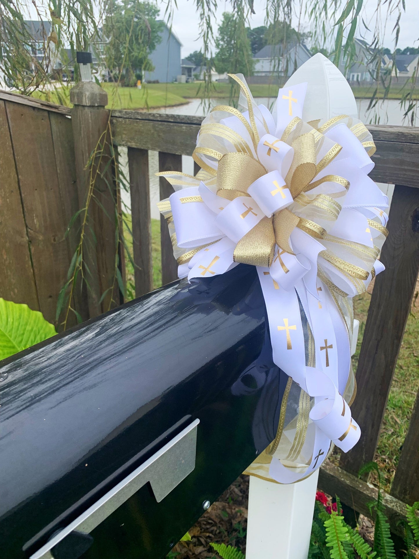 Sympathy Collection - Sympathy,Religious, Cross,Cross Bow,Religious Bow,Sympathy Bow,Gold Bow,White Bow,Gold Cross,Wreath Bow, Mailbox Bow