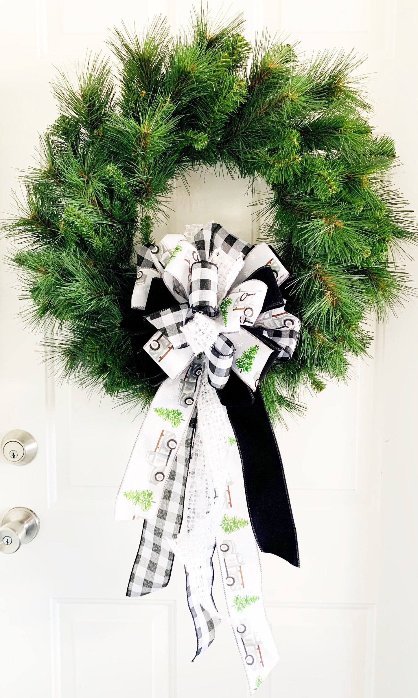 Christmas Bow in Black, Grey, and White, Featuring Trucks and Christmas Tree. Perfect for Mailbox, Door, and Wreath.