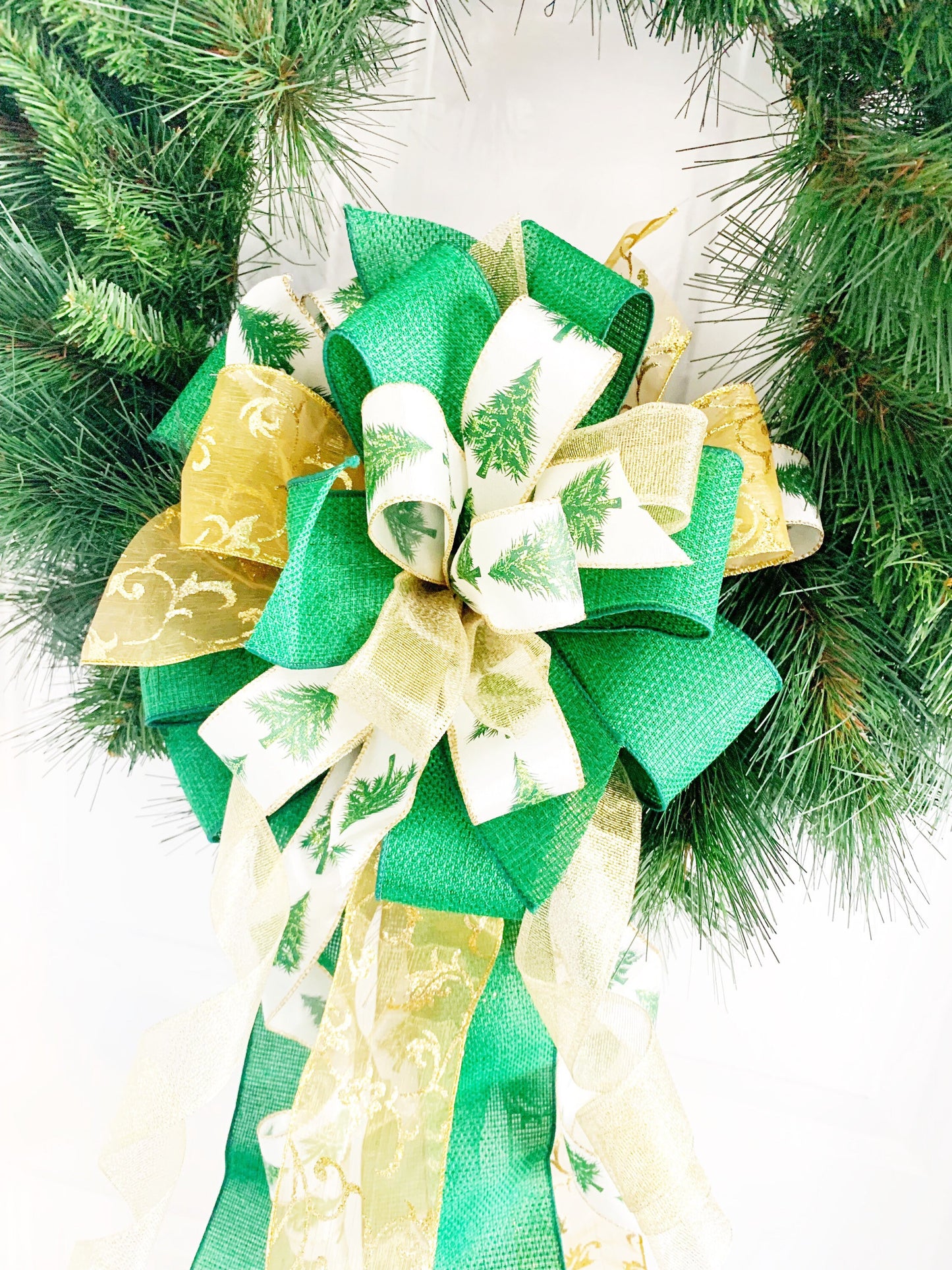 Christmas Bow in Green and Gold, Featuring Christmas Tree Ribbon. Perfect for Mailbox, Door, and Wreath.