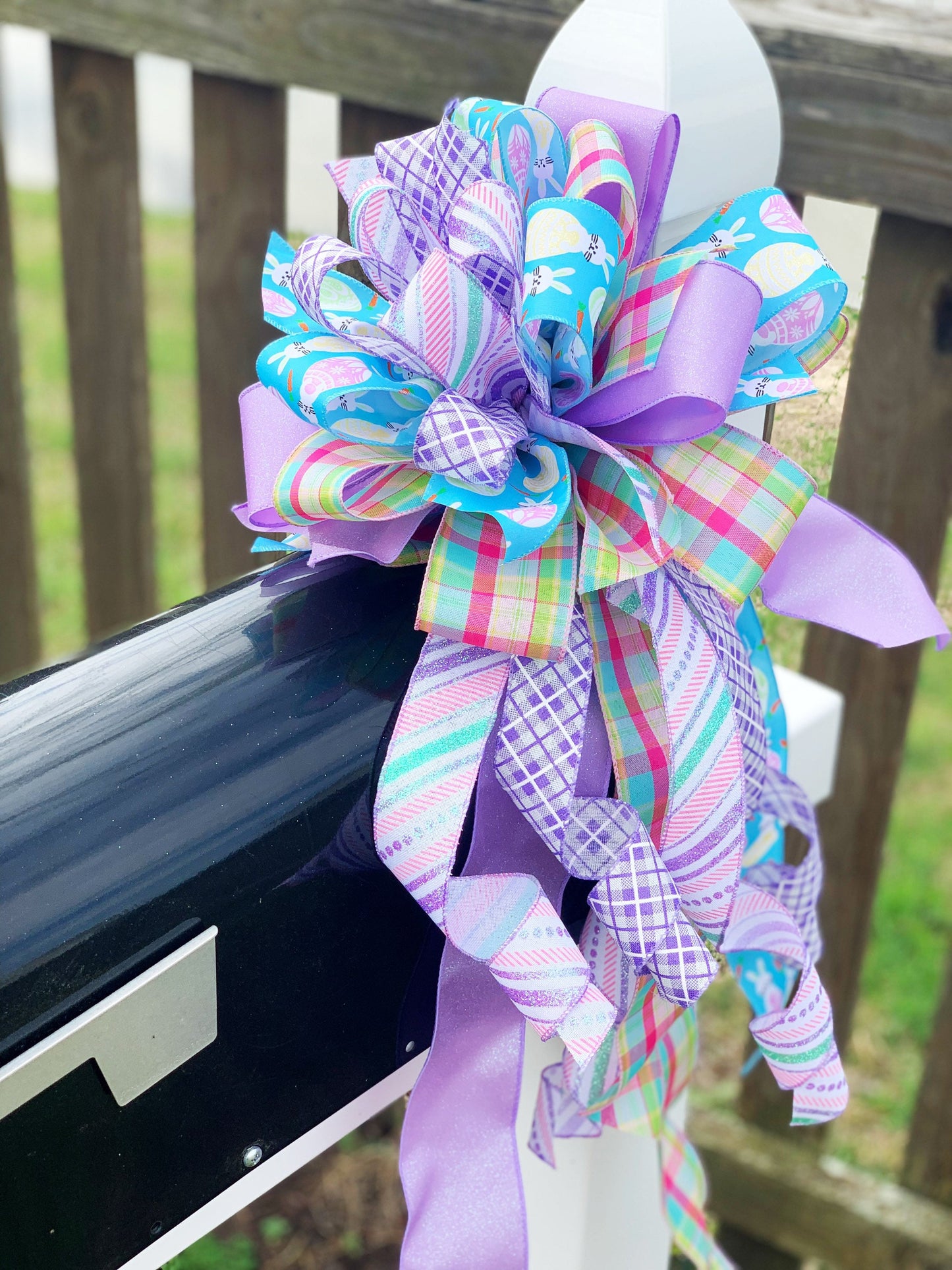 Easter Bow in Light Purple and Blue, Featuring Multipattern and Bunny Ribbon. Perfect for Mailbox, Door, and Wreath.
