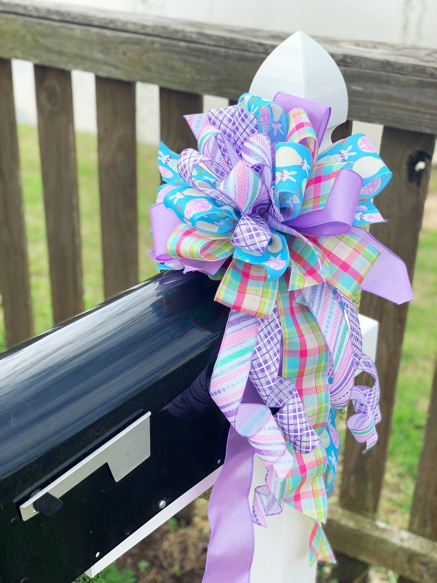 Easter Bow in Light Purple and Blue, Featuring Multipattern and Bunny Ribbon. Perfect for Mailbox, Door, and Wreath.