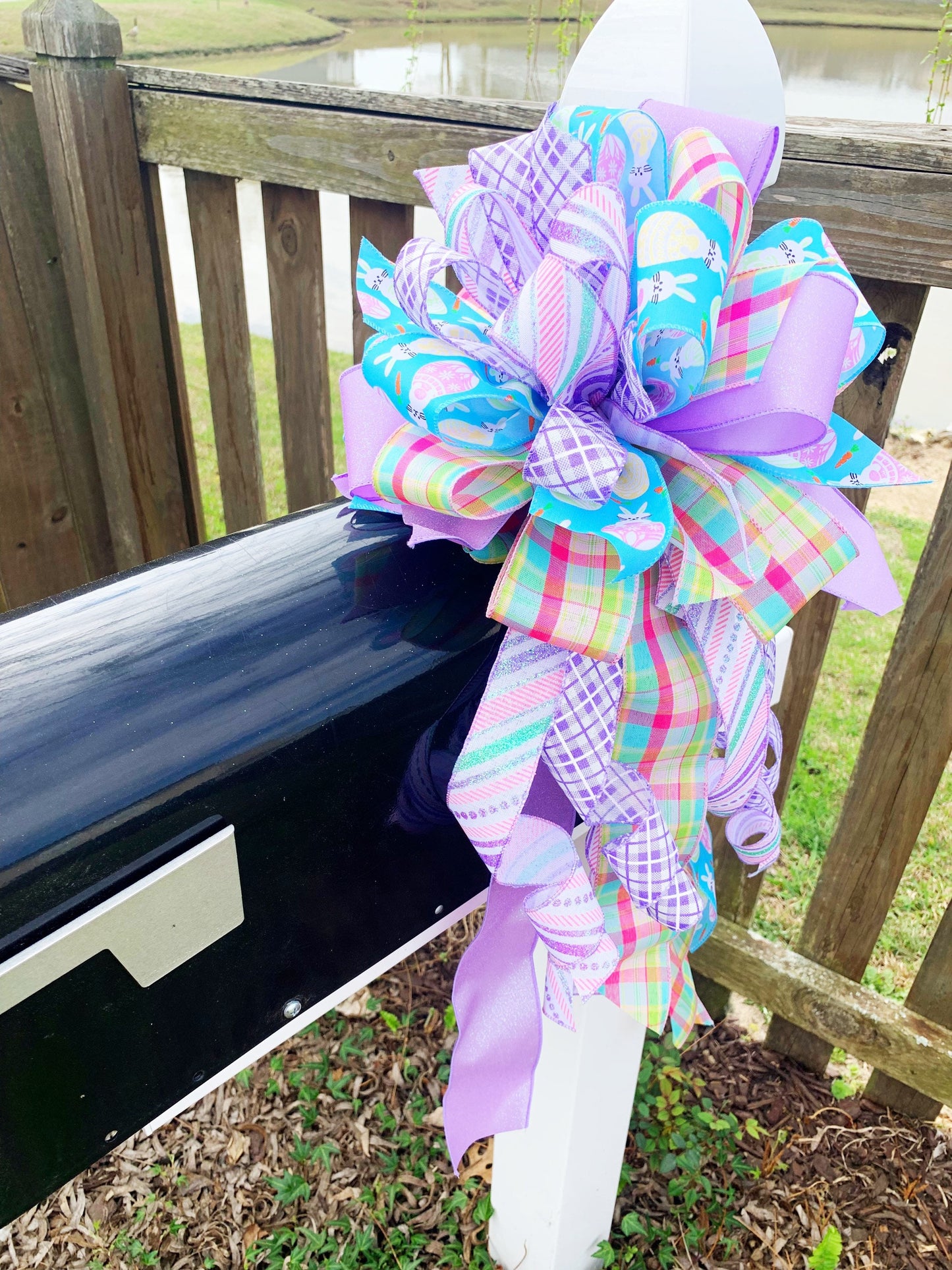 Easter Bow in Light Purple and Blue, Featuring Multipattern and Bunny Ribbon. Perfect for Mailbox, Door, and Wreath.
