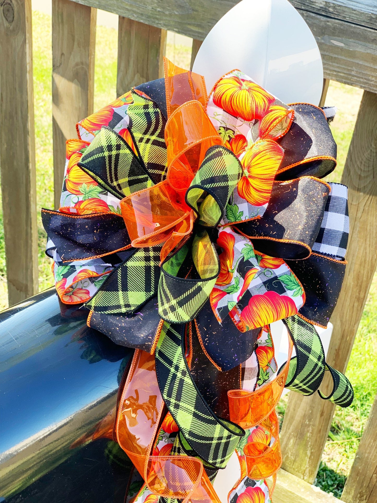 Fall Collection- Pumpkin Black/White Check Bow, Fall Bow, Fall Decor, Fall Ribbon, Mailbox Bow, Wreath Bow, Large Bow, Bow, Bows