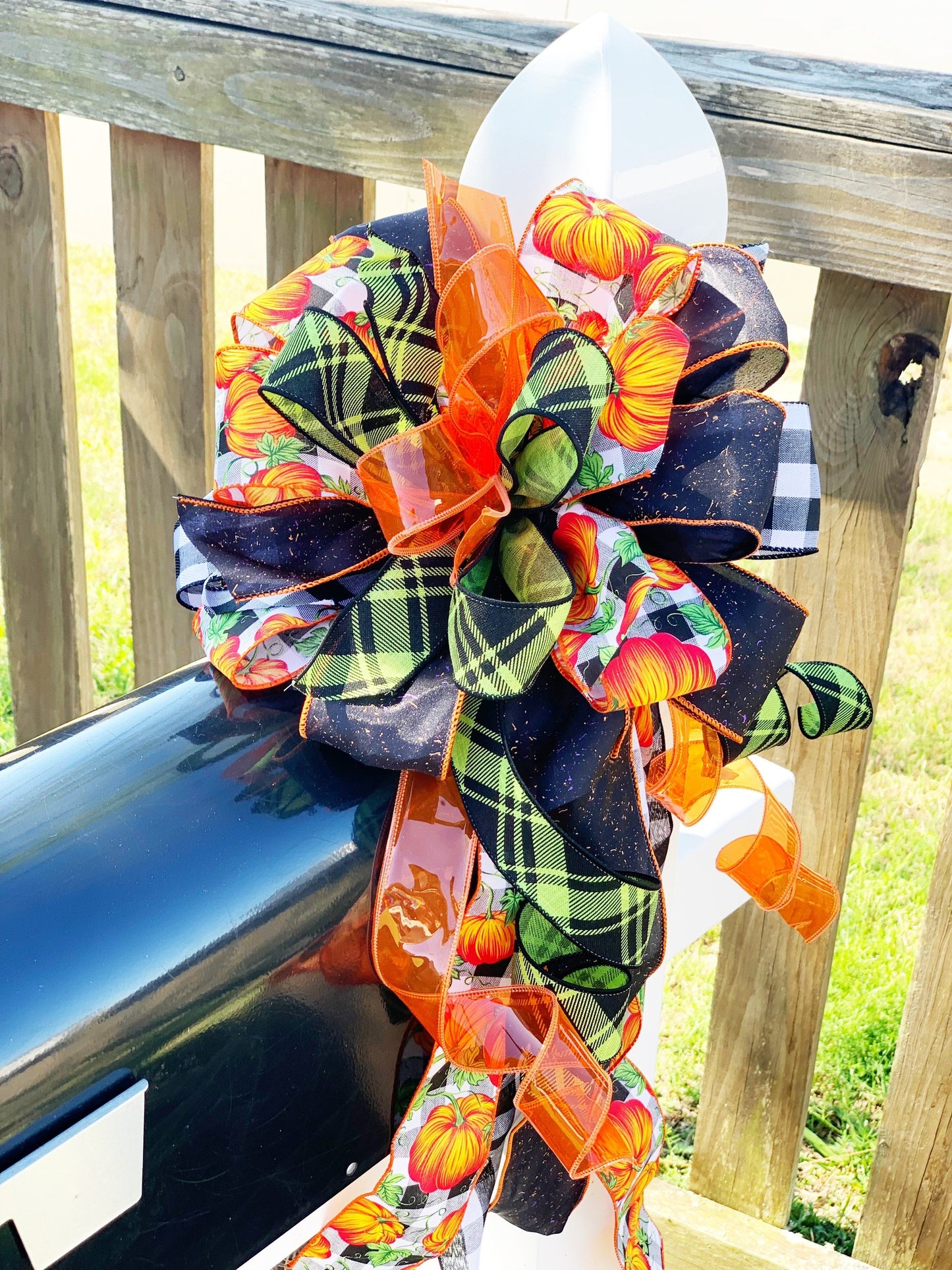 Fall Collection- Pumpkin Black/White Check Bow, Fall Bow, Fall Decor, Fall Ribbon, Mailbox Bow, Wreath Bow, Large Bow, Bow, Bows