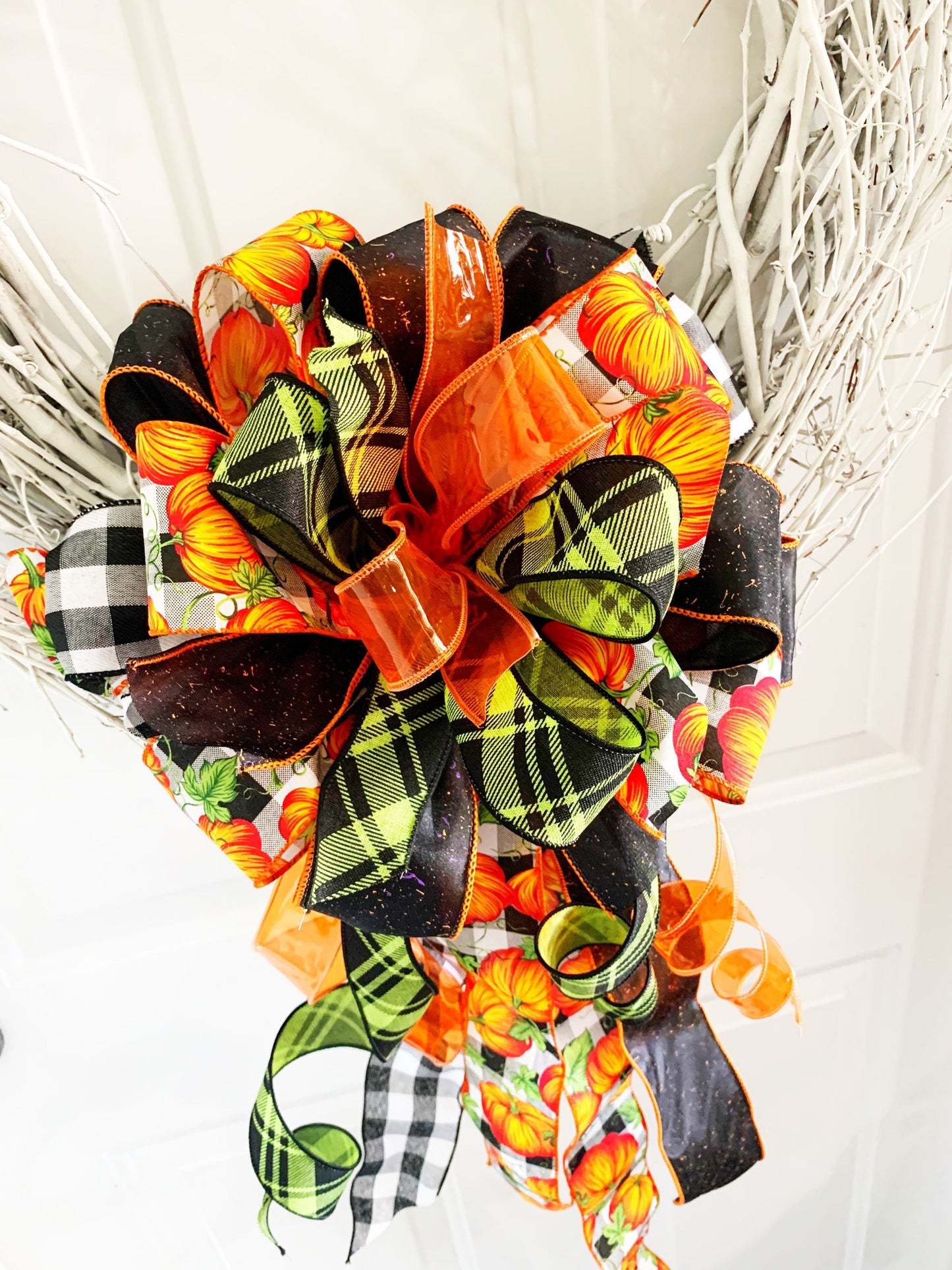 Fall Collection- Pumpkin Black/White Check Bow, Fall Bow, Fall Decor, Fall Ribbon, Mailbox Bow, Wreath Bow, Large Bow, Bow, Bows