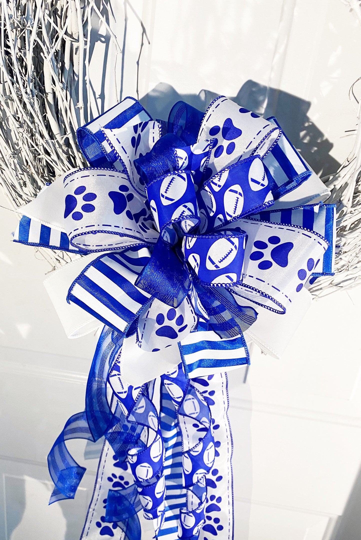 Sports Collection - Sports,Sports Bow, Panthers,Panthers Football,Blue White Bow, Sports Ribbon,Football,Football Bow,Wreath Bow,Game Day