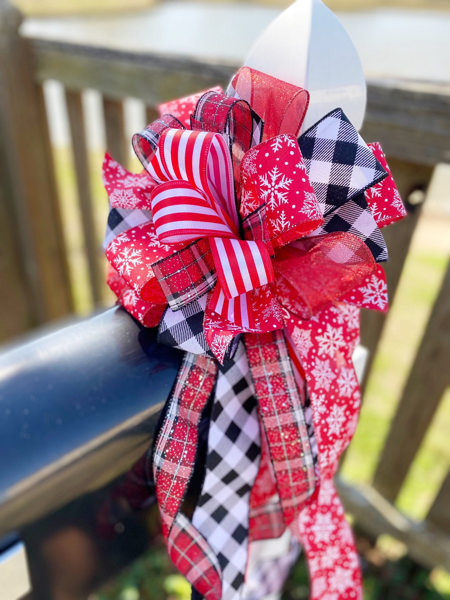 Winter Collection- Red and White Bow, Snowflake Bow, Winter Bow, Snowflakes, Winter, Large Bow, Mailbox Bow, Wreath Bow, Gift Bow