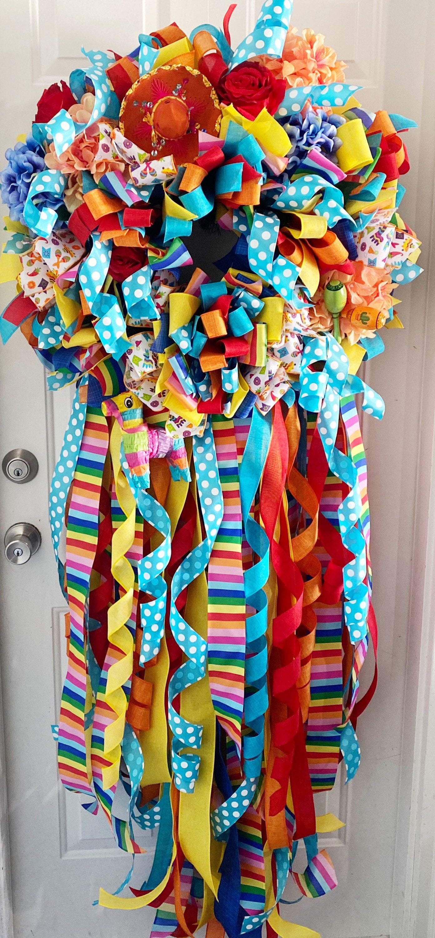 Wreath Collection- Festive Wreath, Fiesta,Party,Decorate,Cinco De Mayo,Wreath,Latin Decor,Maracas,Festive,Ribbon,Ribbon Wreath,Gift