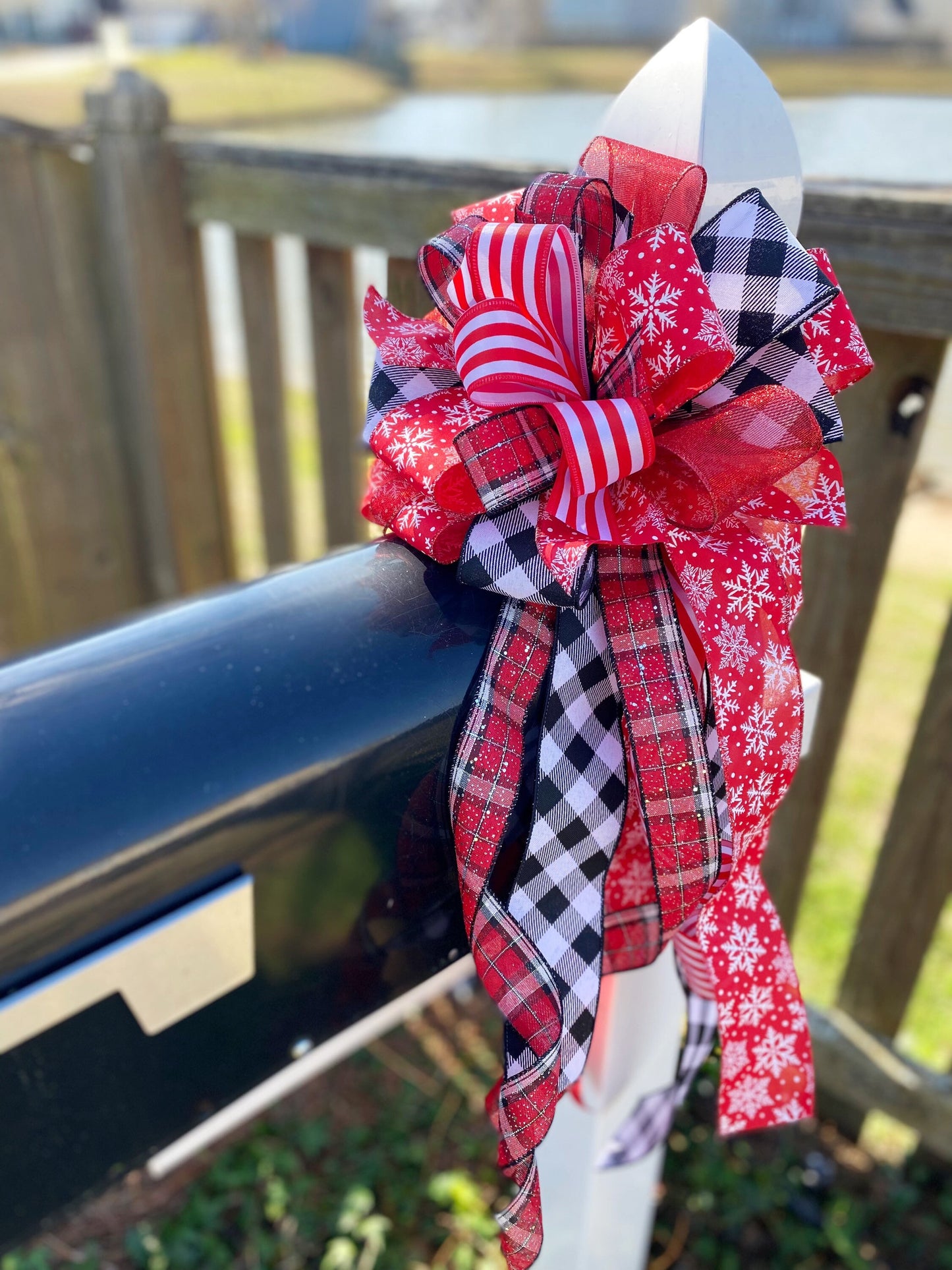 Winter Collection- Red and White Bow, Snowflake Bow, Winter Bow, Snowflakes, Winter, Large Bow, Mailbox Bow, Wreath Bow, Gift Bow